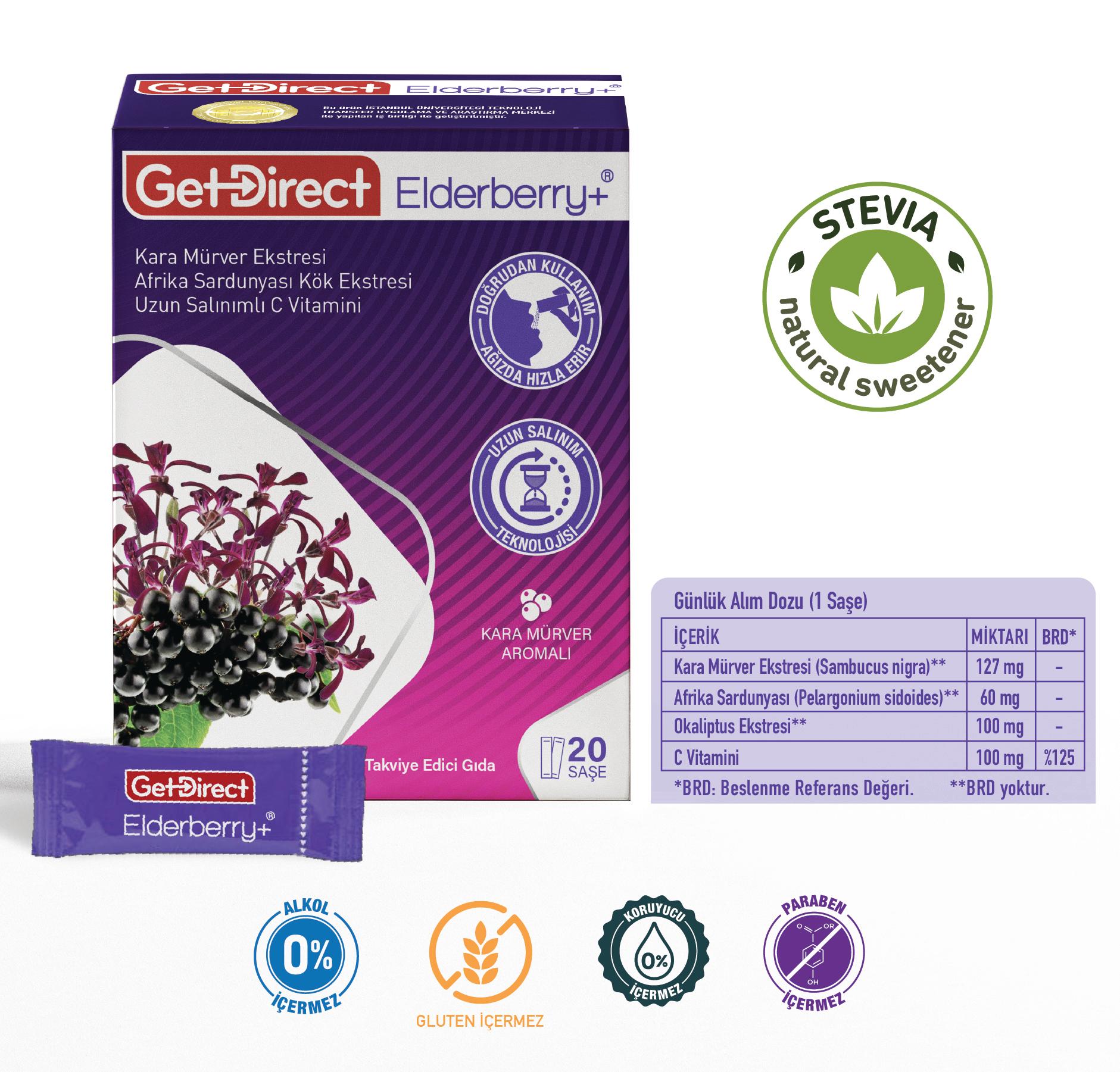 GetDirect Elderberry+ Kara Mürver Ekstresi ve Pelargonium Sidoides Kök Ekstresi İçeren Takviye Edici Gıda