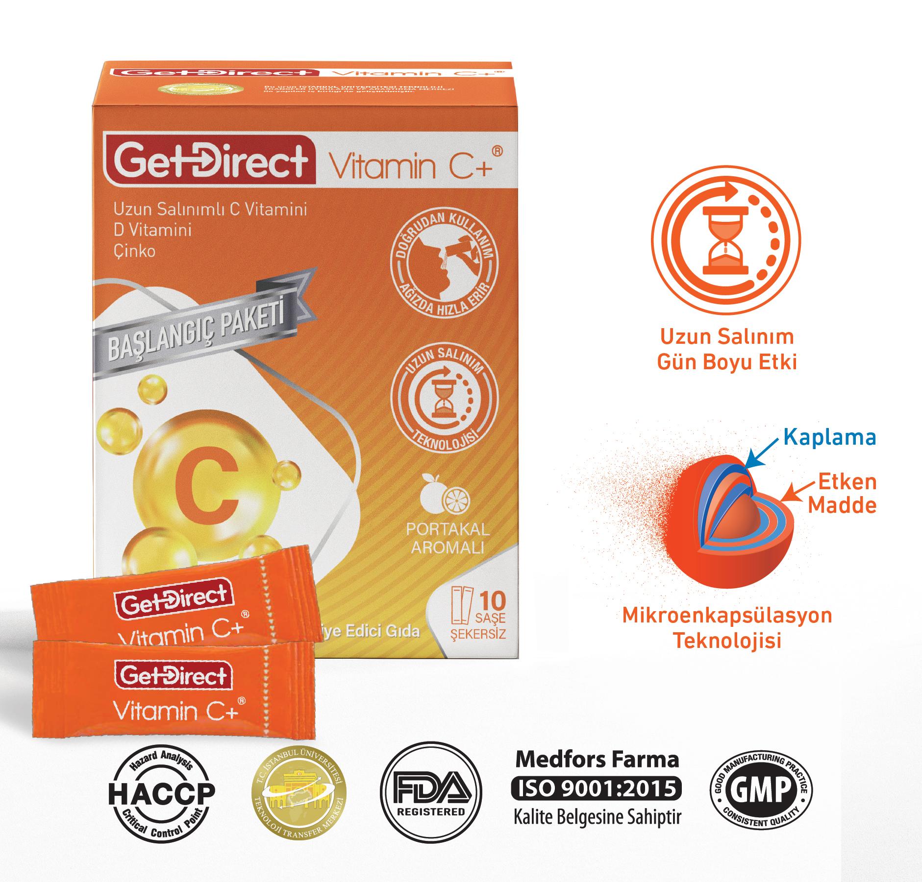 GetDirect Vitamin C+ Başlangıç Paketi Uzun Salınımlı C Vitamini, D Vitamini ve Çinko  İçeren Takviye Edici Gıda