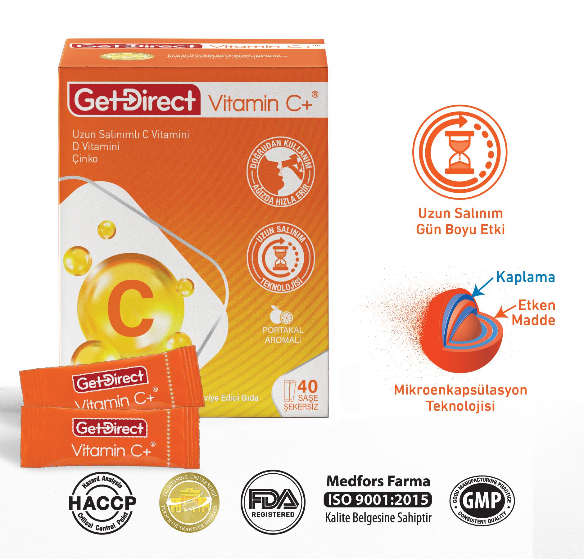 GetDirect Vitamin C+ Uzun Salınımlı C Vitamini, D Vitamini ve Çinko İçeren Takviye Edici Gıda