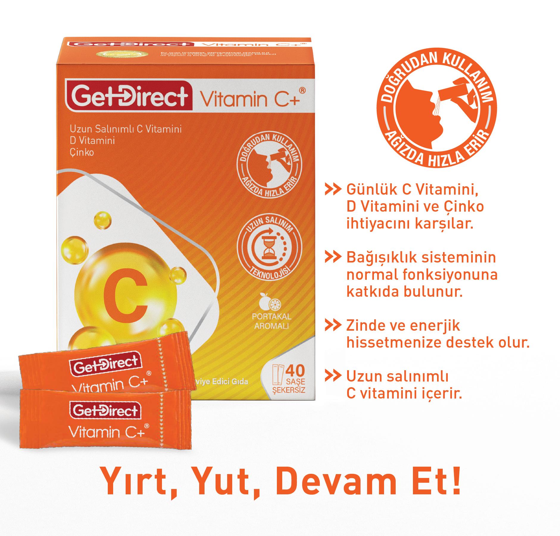 GetDirect Vitamin C+ Uzun Salınımlı C Vitamini, D Vitamini ve Çinko İçeren Takviye Edici Gıda