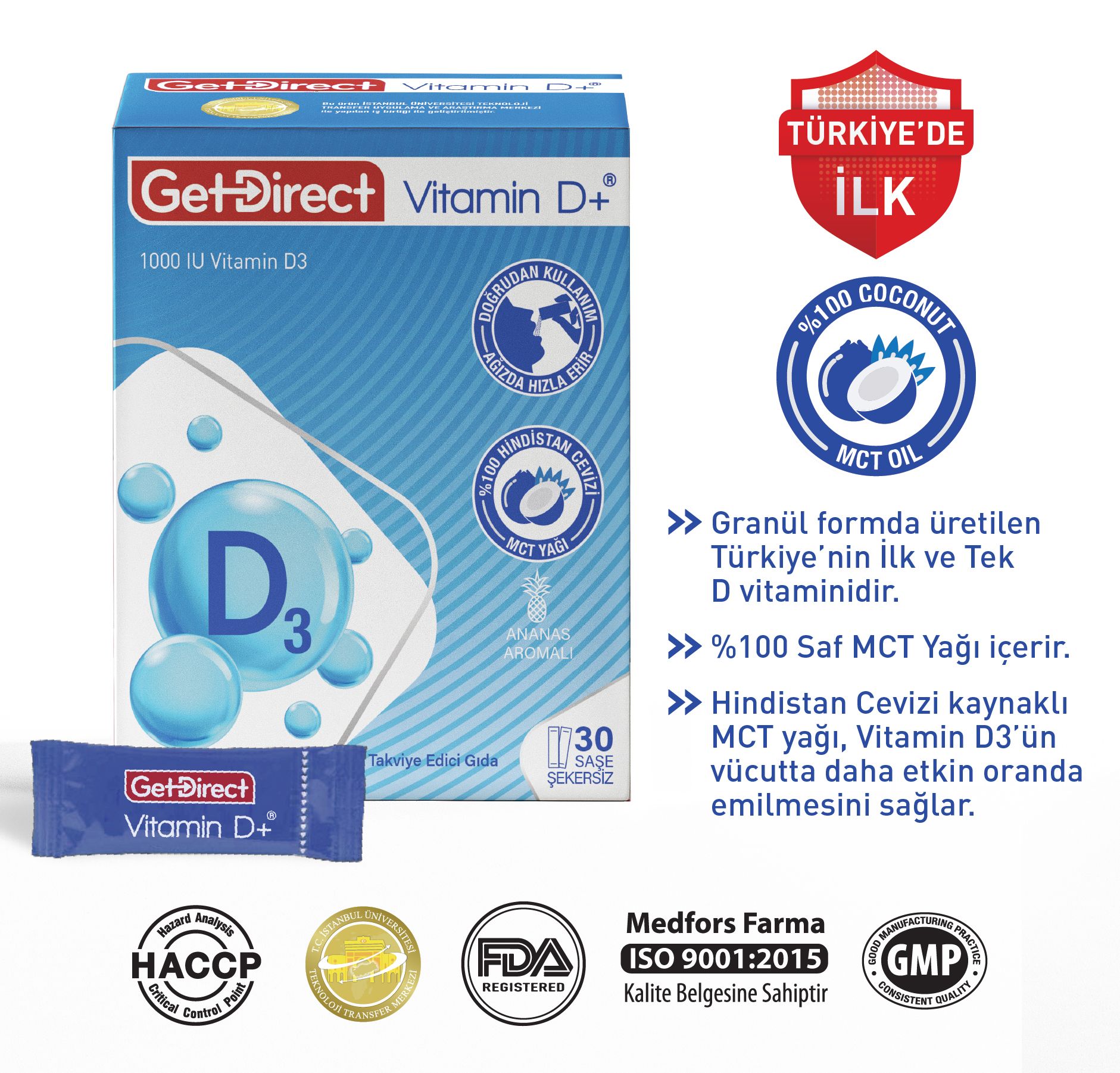 GetDirect Vitamin D+ 1000 IU Vitamin D3  İçeren Takviye Edici Gıda 30 saşe