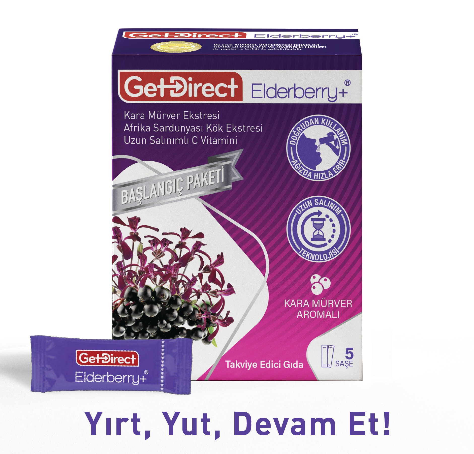 GetDirect Elderberry+ Başlangıç Paketi Kara Mürver Ekstresi ve Pelargonium Sidoides Kök Ekstresi İçeren Takviye Edici Gıda