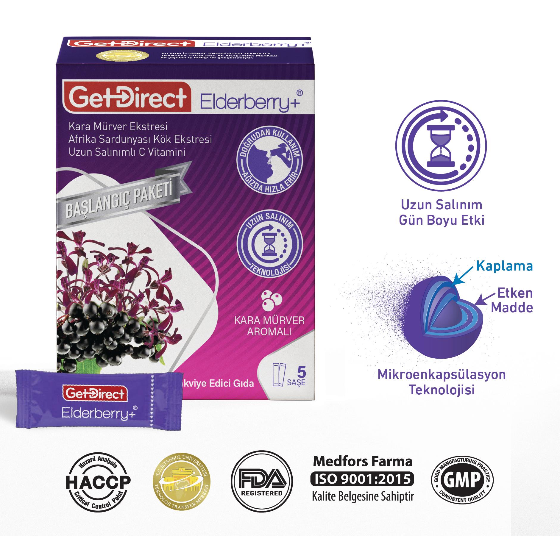 GetDirect Elderberry+ Başlangıç Paketi Kara Mürver Ekstresi ve Pelargonium Sidoides Kök Ekstresi İçeren Takviye Edici Gıda