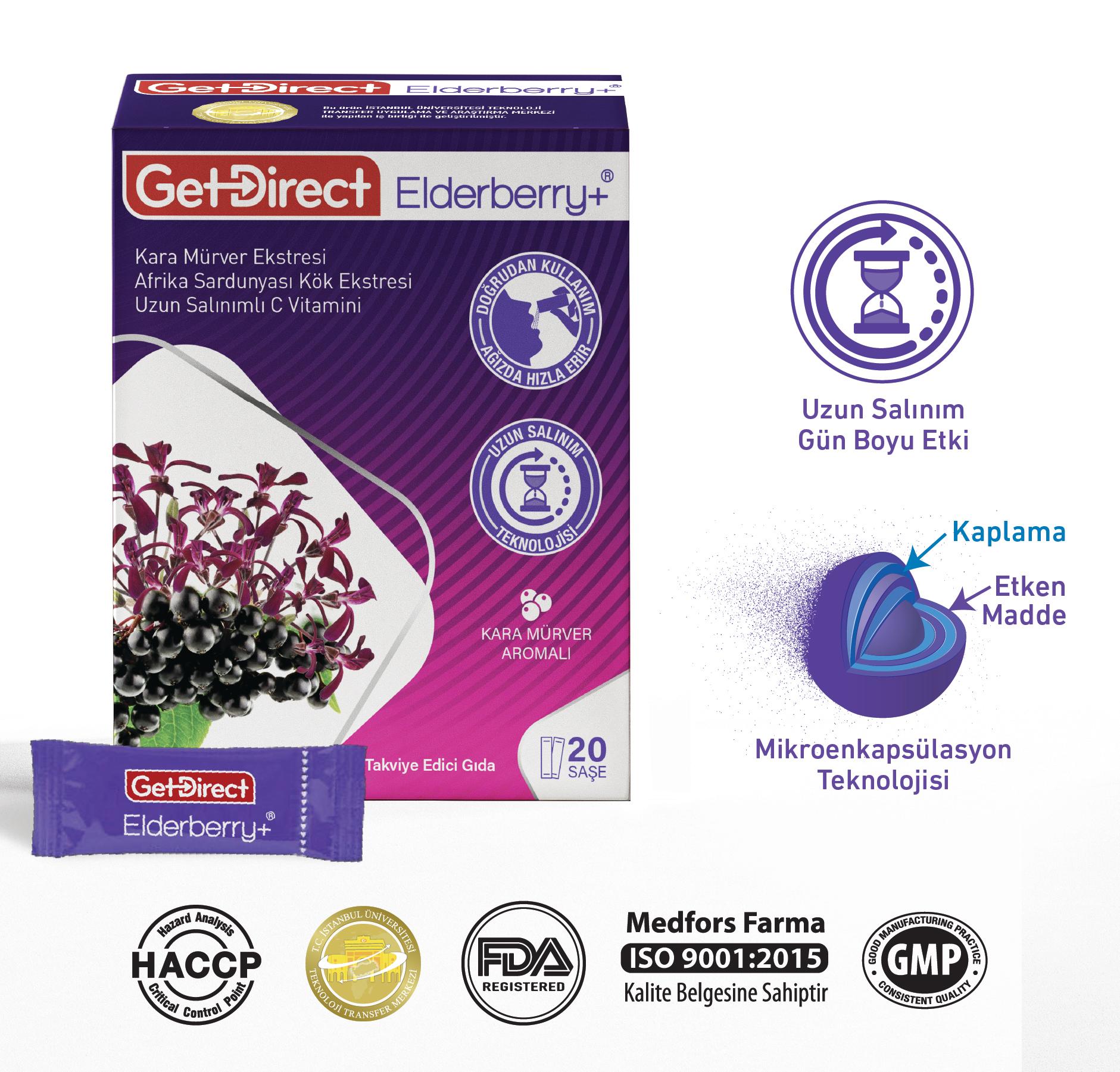 GetDirect Elderberry+ Kara Mürver Ekstresi ve Pelargonium Sidoides Kök Ekstresi İçeren Takviye Edici Gıda