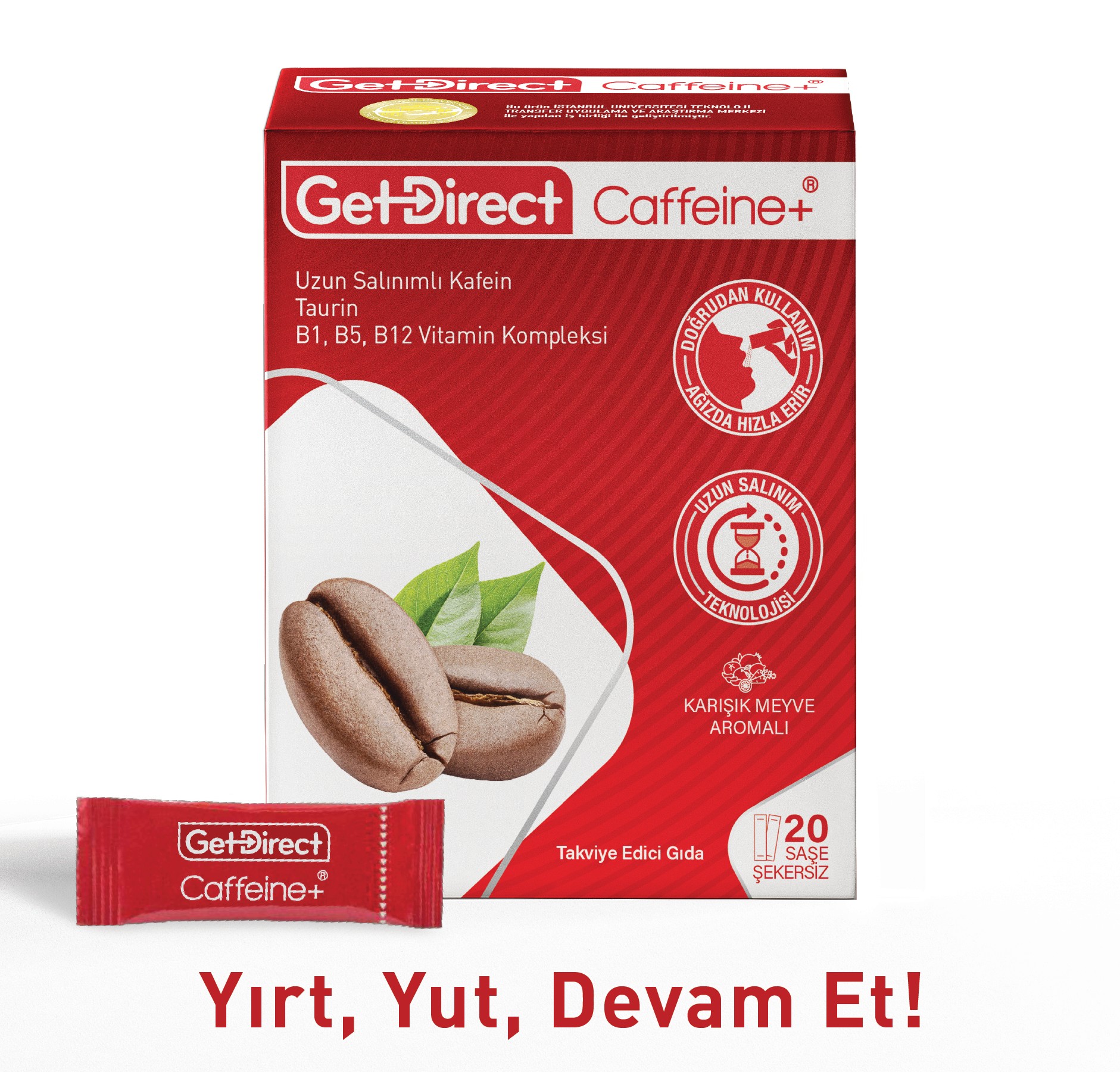 GetDirect Caffeine+ Uzun Salınımlı Kafein, Taurin ve Vitamin B Kompleksi  İçeren Takviye Edici Gıda
