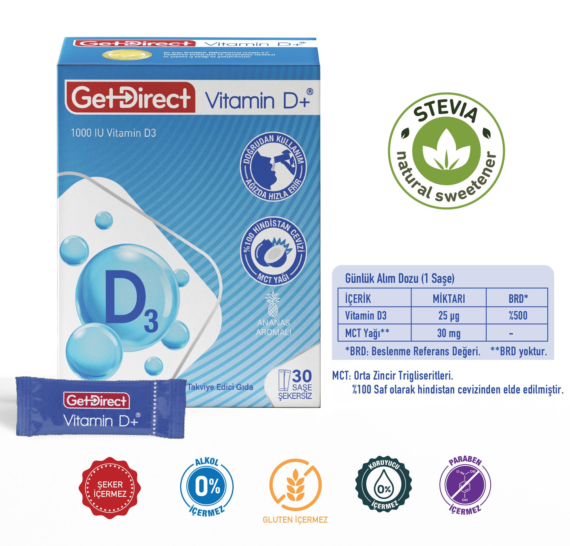 GetDirect Vitamin D+ 1000 IU Vitamin D3  İçeren Takviye Edici Gıda 30 saşe