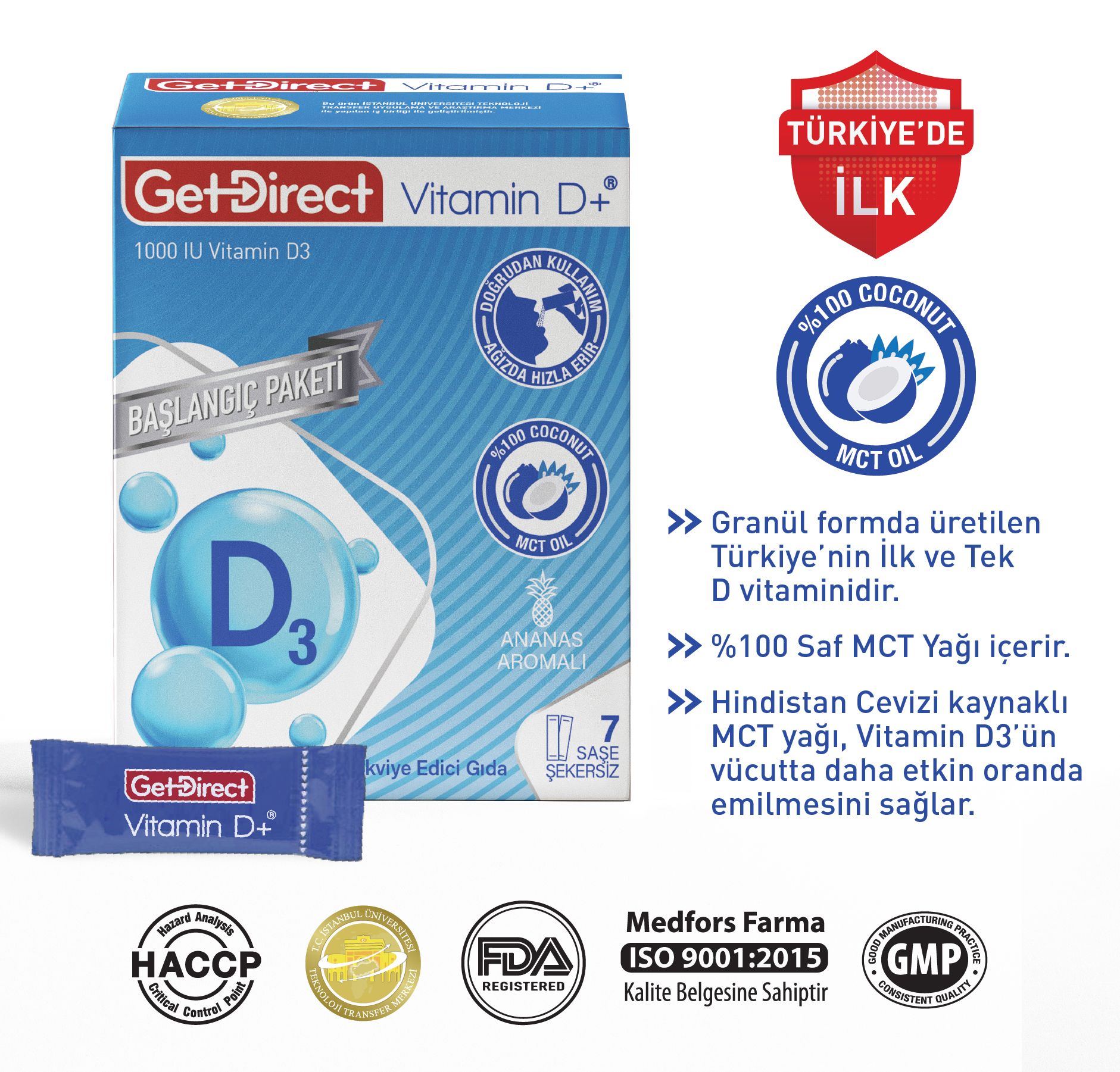 GetDirect Vitamin D+ 1000 IU Vitamin D3  İçeren Takviye Edici Gıda 7 saşe