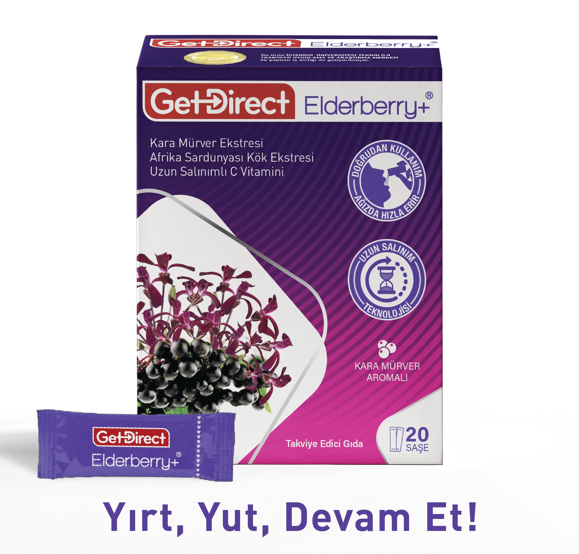 GetDirect Elderberry+ Kara Mürver Ekstresi ve Pelargonium Sidoides Kök Ekstresi İçeren Takviye Edici Gıda