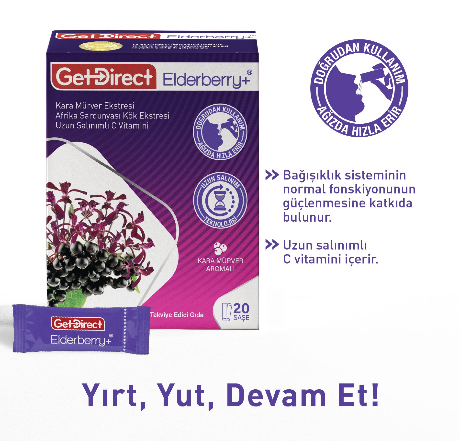 GetDirect Elderberry+ Kara Mürver Ekstresi ve Pelargonium Sidoides Kök Ekstresi İçeren Takviye Edici Gıda