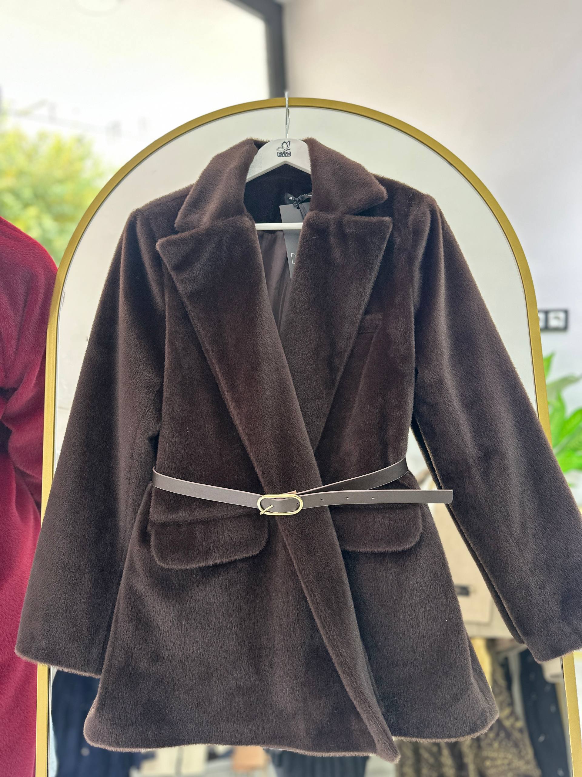 Premium Kemerli Angora Kaşe Ceket - Kahverengi