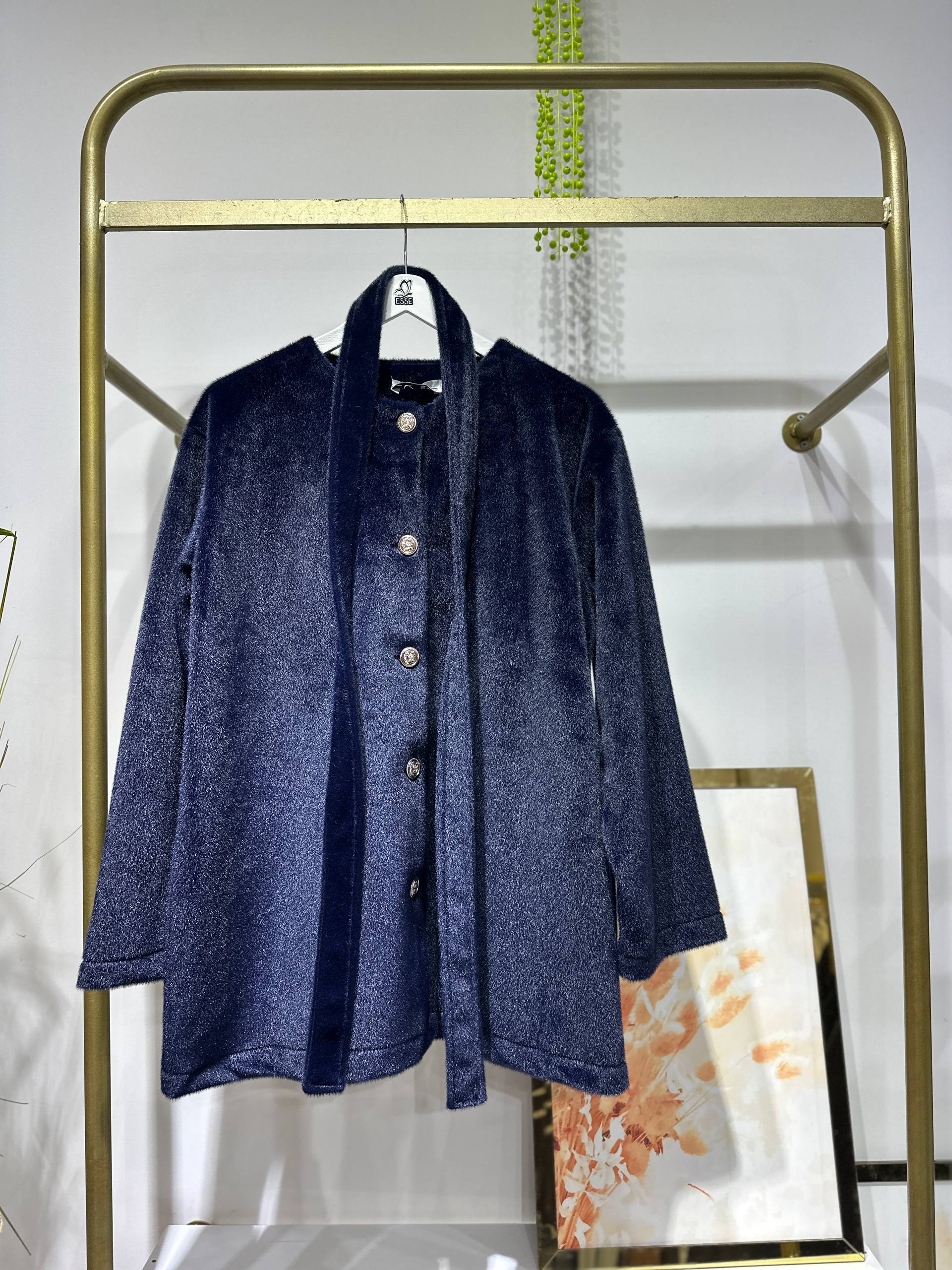 Gümüş Düğmeli Angora Kaşe Ceket - Lacivert