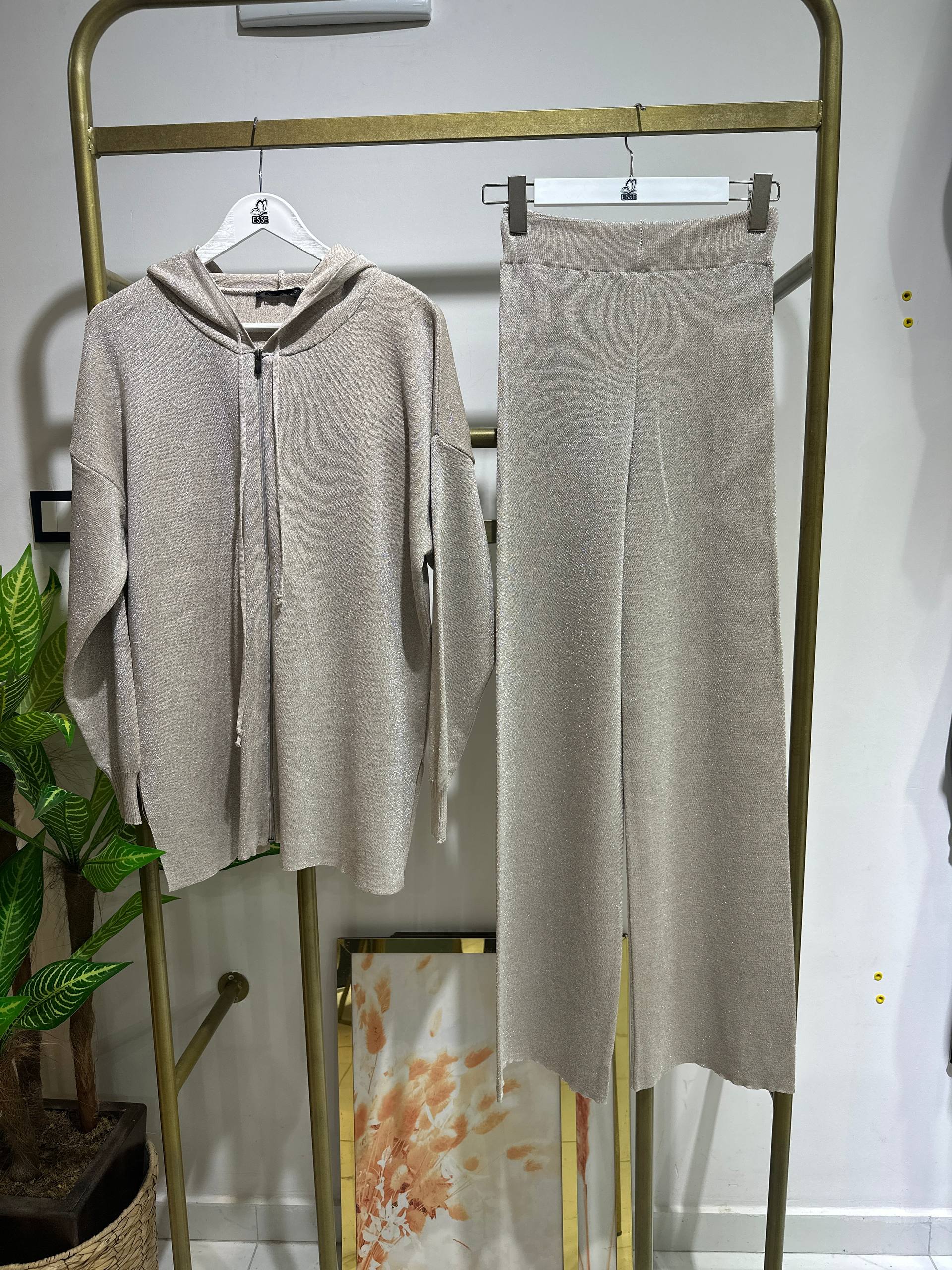 Simli Triko Senta Takım - Bej