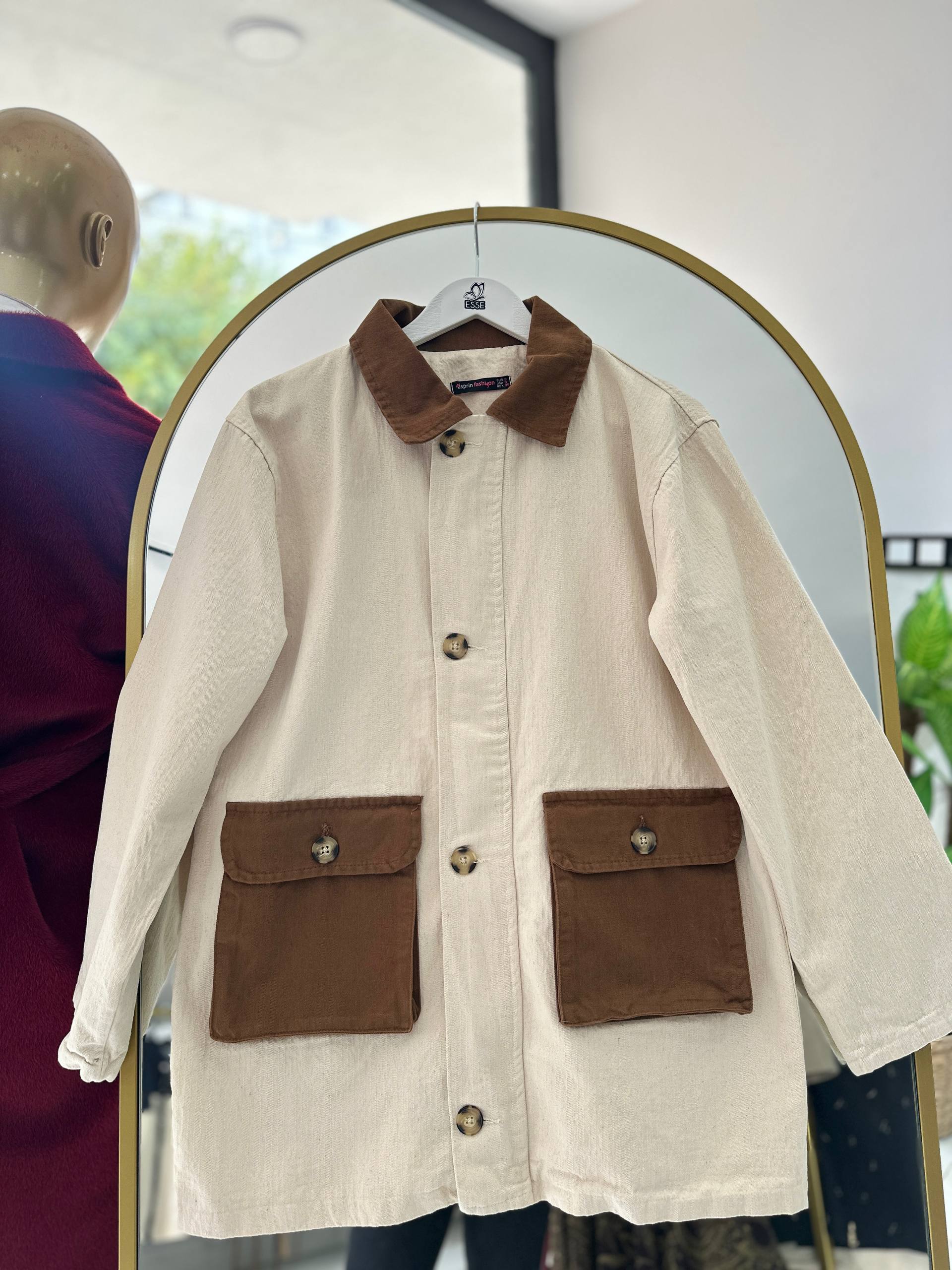 Gabardin Kadife Yaka Ceket  - Krem