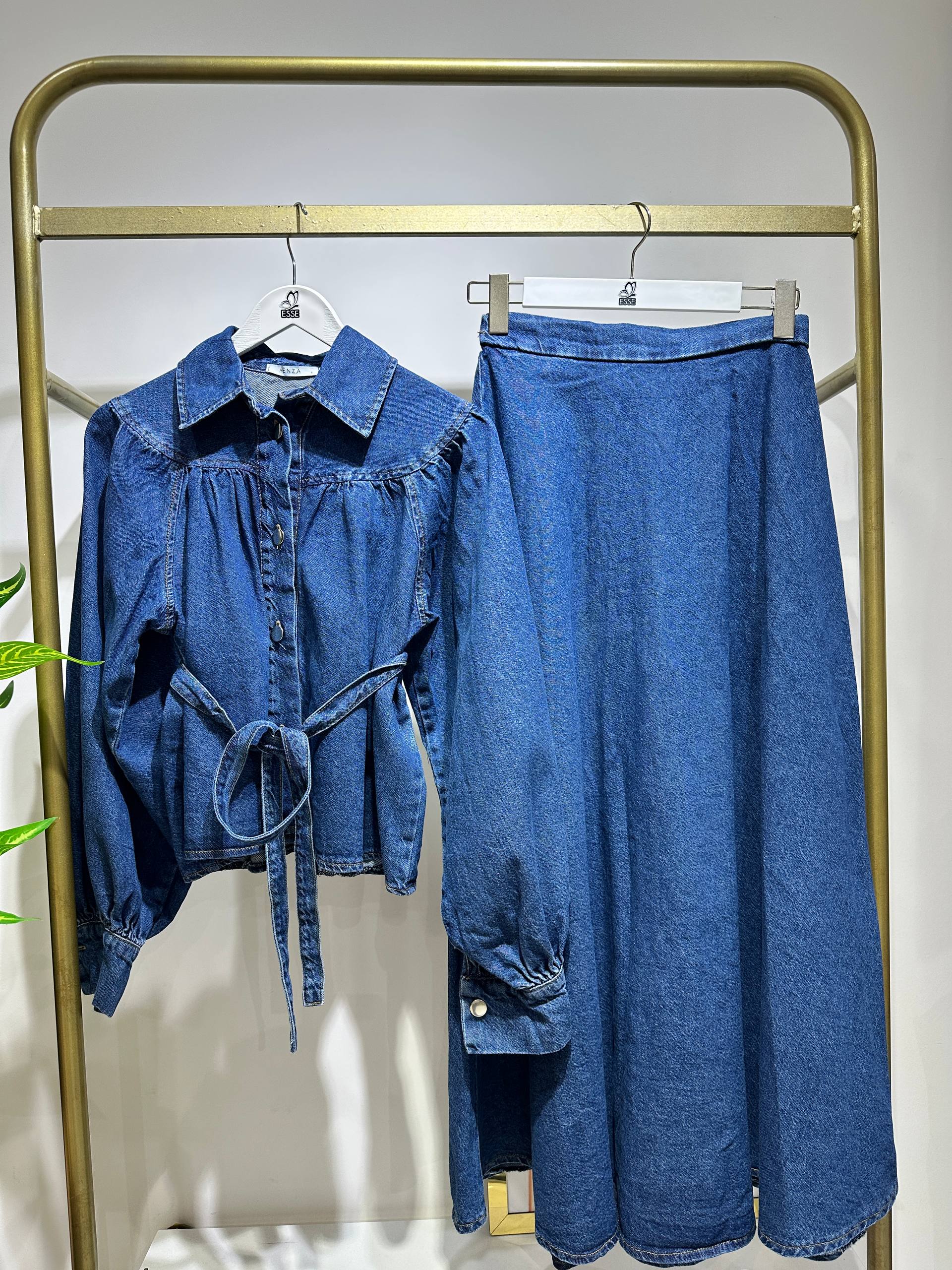 Denim Ceketli Etek Takım - Koyu Mavi