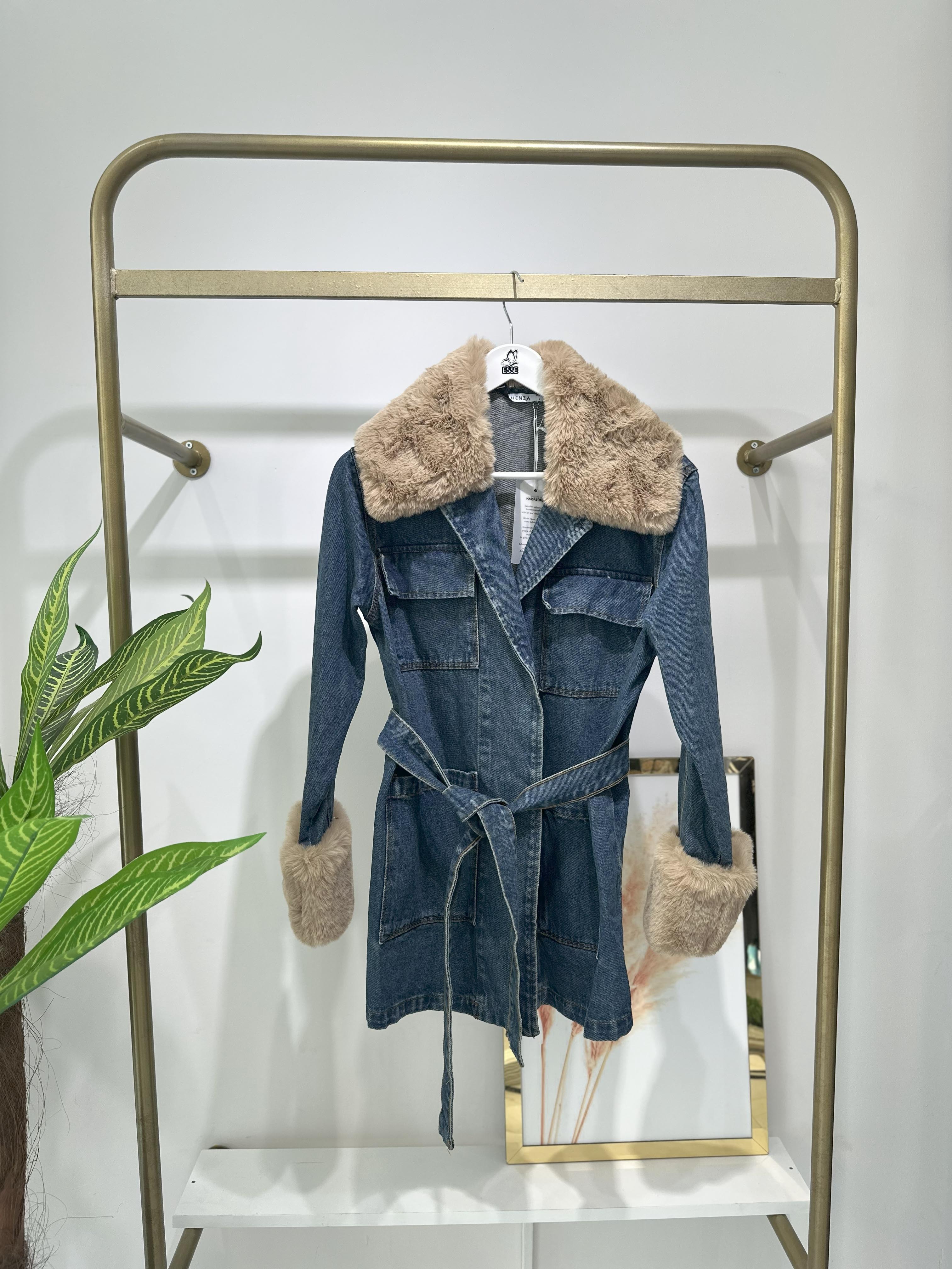 Kürk Denim Ceket - Mavi