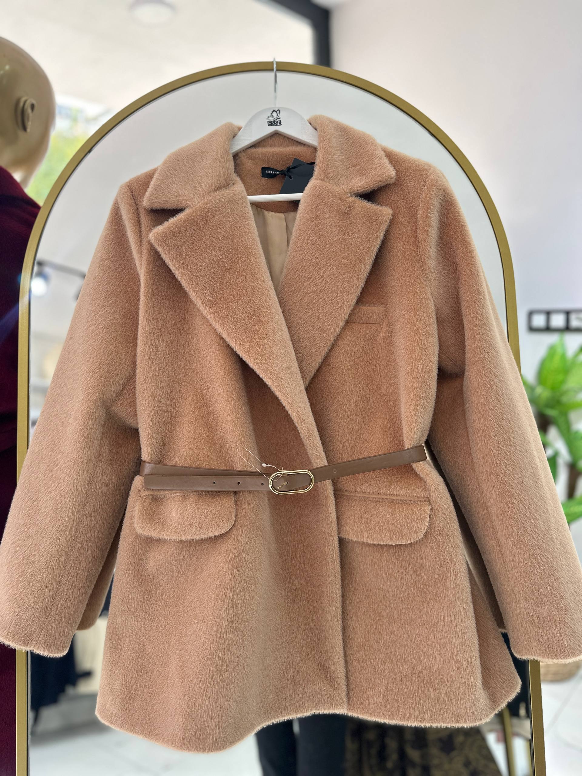 Premium Kemerli Angora Kaşe Ceket - Camel