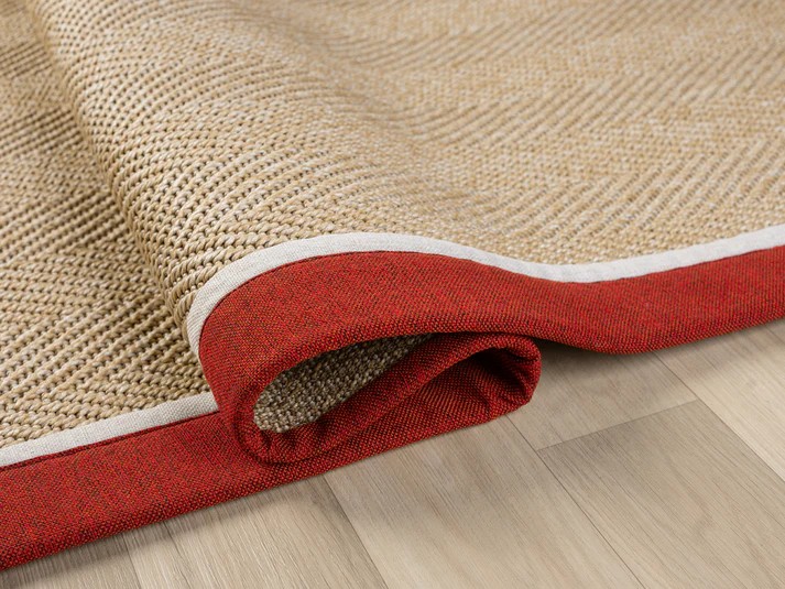 Kumaş Bordürlü Nature Sisal Halı - El Yapımı, Evcil Hayvan Dostu, Modern Tasarım - Kırmızı-Krem Bordür