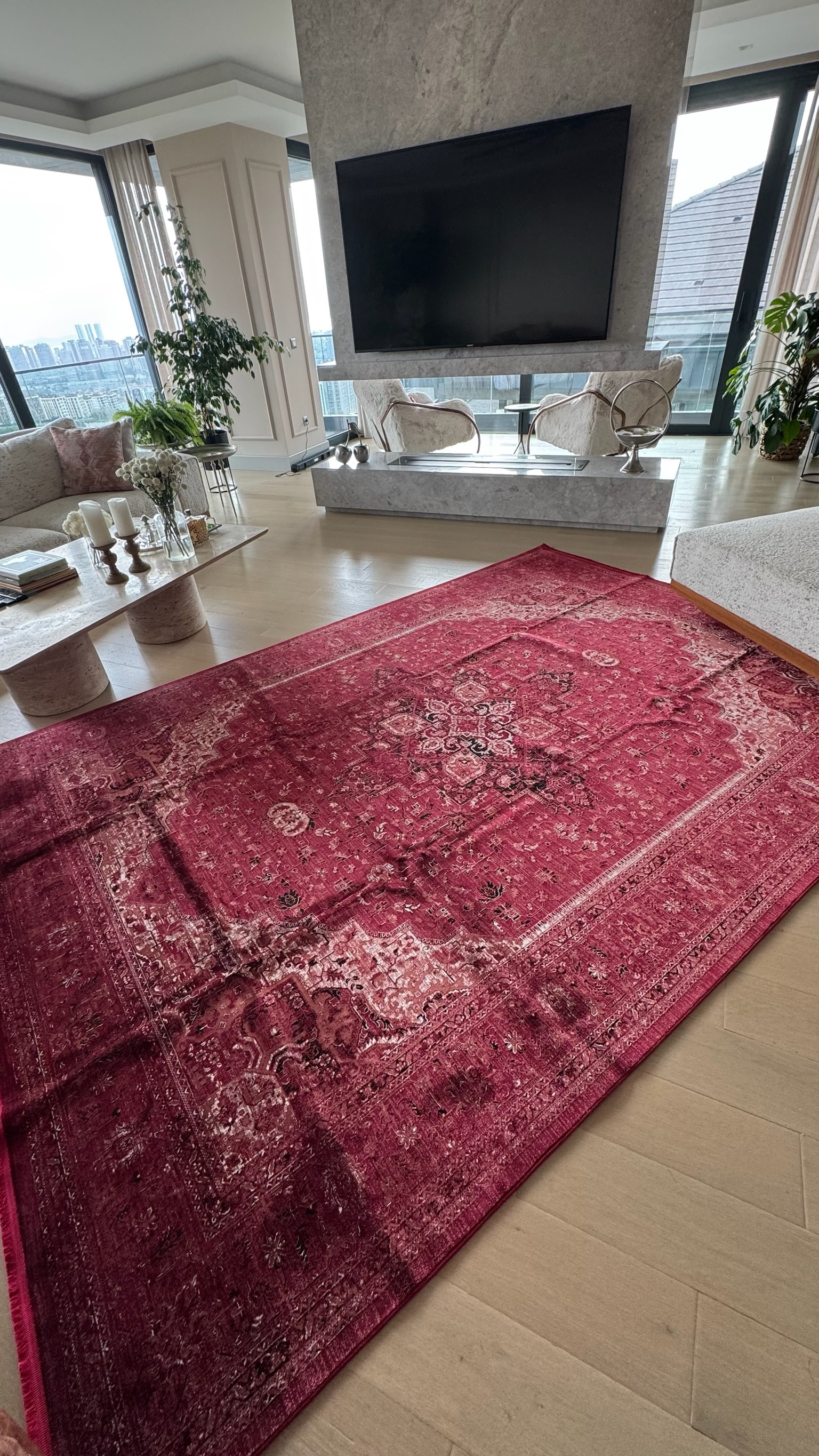 Historia Halı Bordo Makine Halısı Viskon Bambu 120 Tarak Salon Halısı Bordo Etnik Desenli 240x340