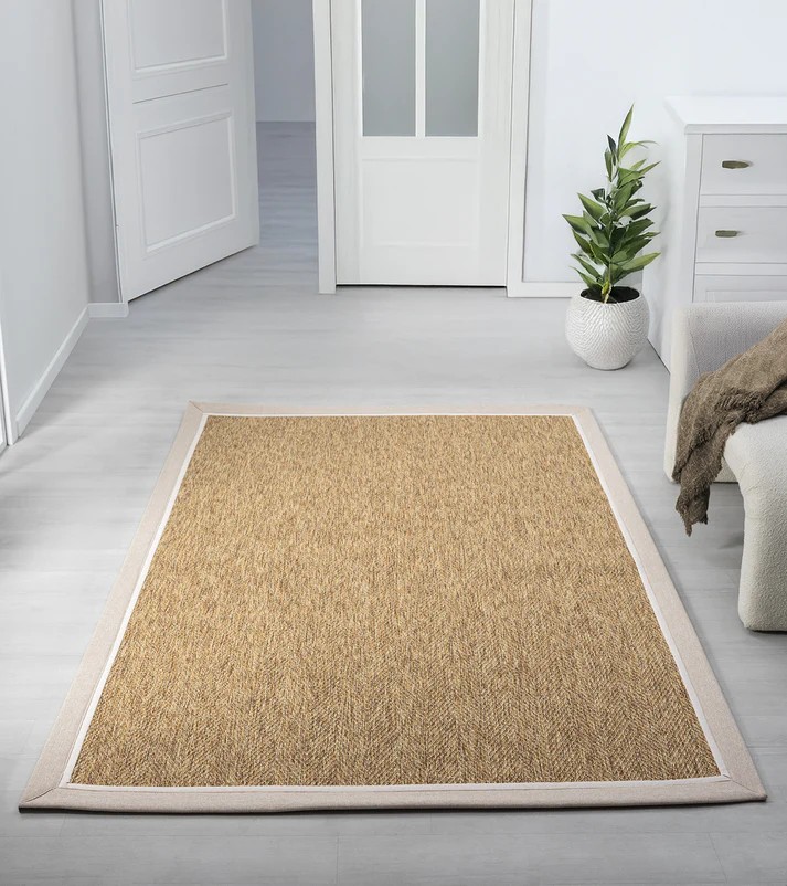 Kumaş Bordürlü Nature Sisal Halı - El Yapımı, Evcil Hayvan Dostu, Modern Tasarım - Krem-Bej Bordür