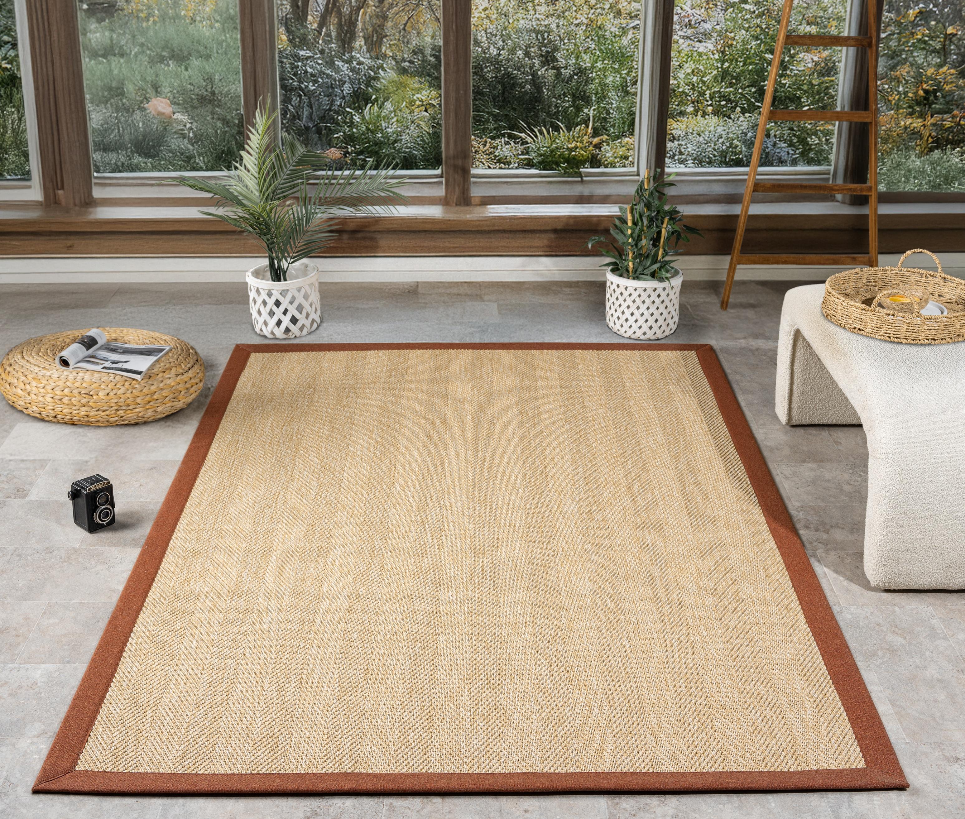 Kumaş Bordürlü Nature Sisal Halı - El Yapımı, Evcil Hayvan Dostu, Modern Tasarım - Kiremit Bordür