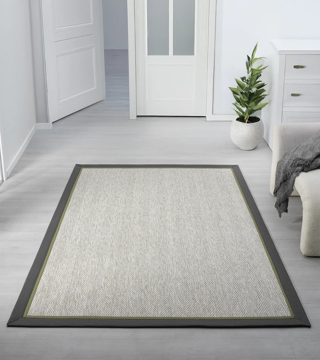 Kumaş Bordürlü Nature Sisal Halı - El Yapımı, Evcil Hayvan Dostu, Modern Tasarım - Antrasit-Yeşil Bordür