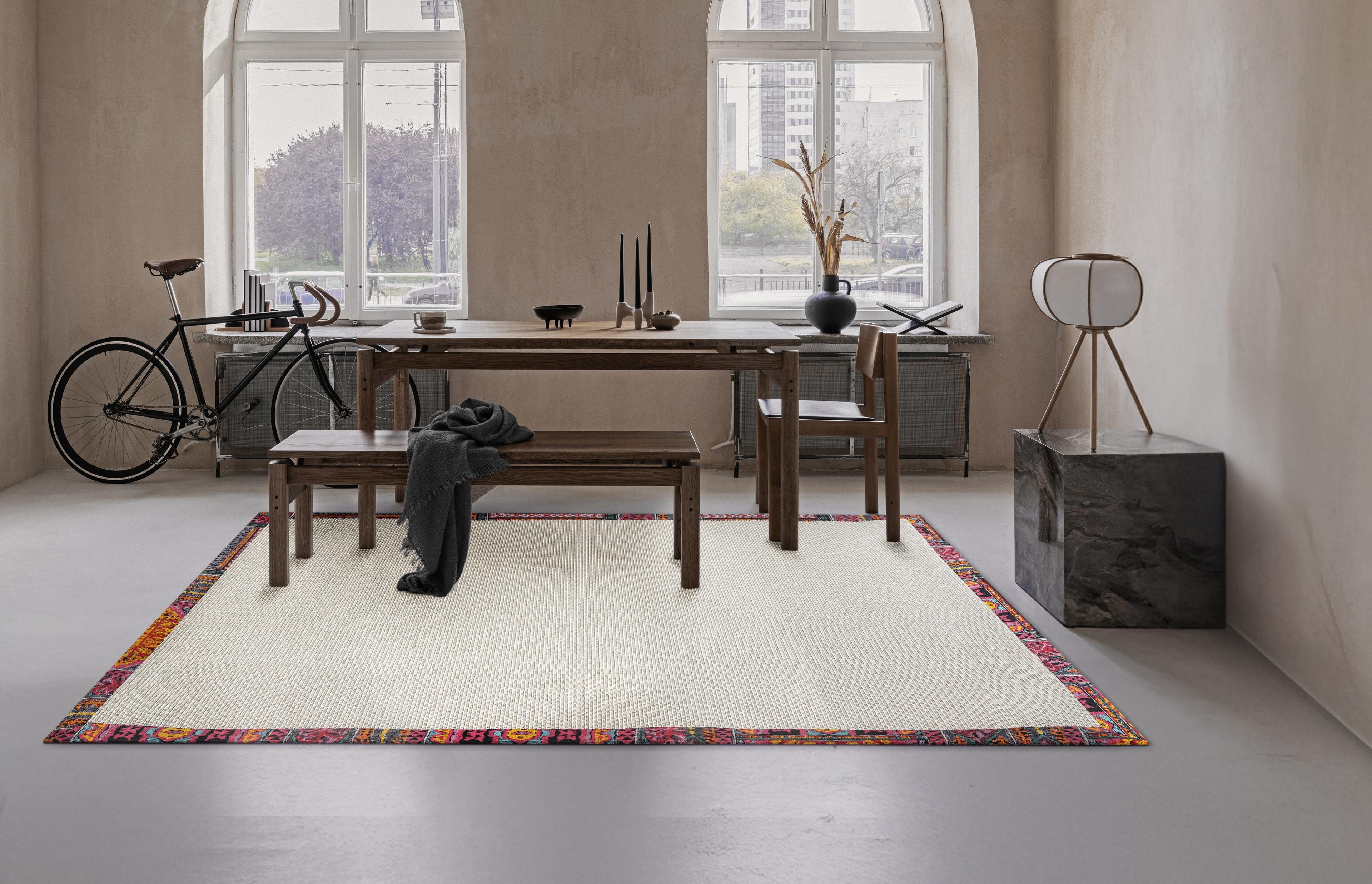Kumaş Bordürlü Nature Sisal Halı - El Yapımı, Evcil Hayvan Dostu, Modern Tasarım - Desenli Bordür