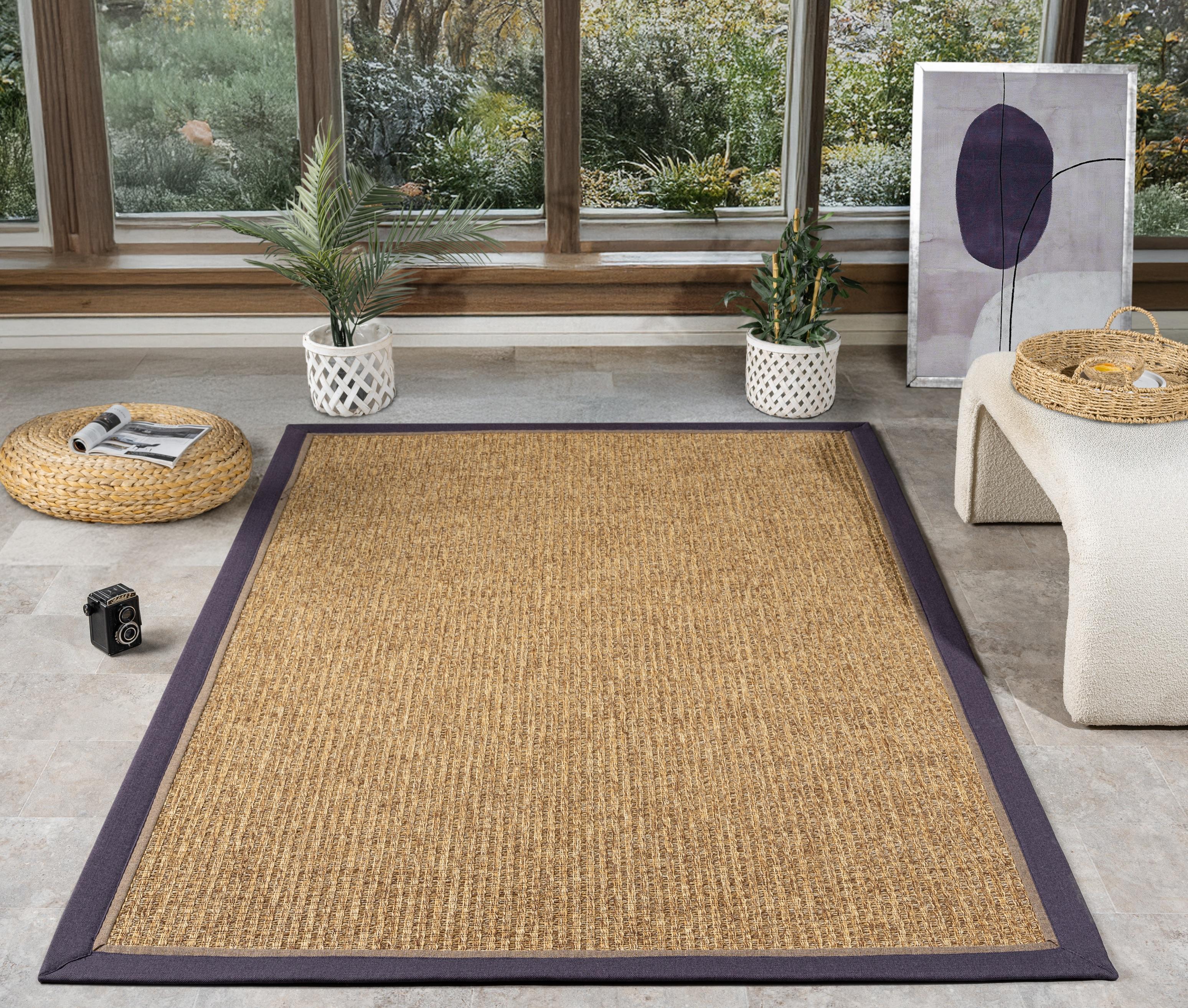 Kumaş Bordürlü Nature Sisal Halı - El Yapımı, Evcil Hayvan Dostu, Modern Tasarım - Mor-Kahverengi Bordür