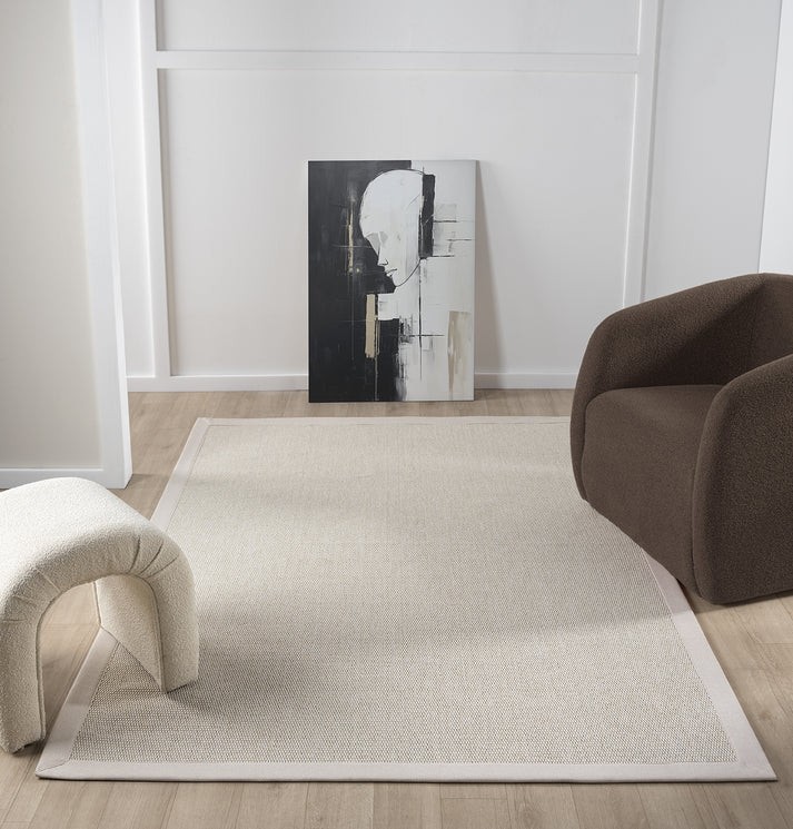Kumaş Bordürlü Nature Sisal Halı - El Yapımı, Evcil Hayvan Dostu, Modern Tasarım - Krem Bordür