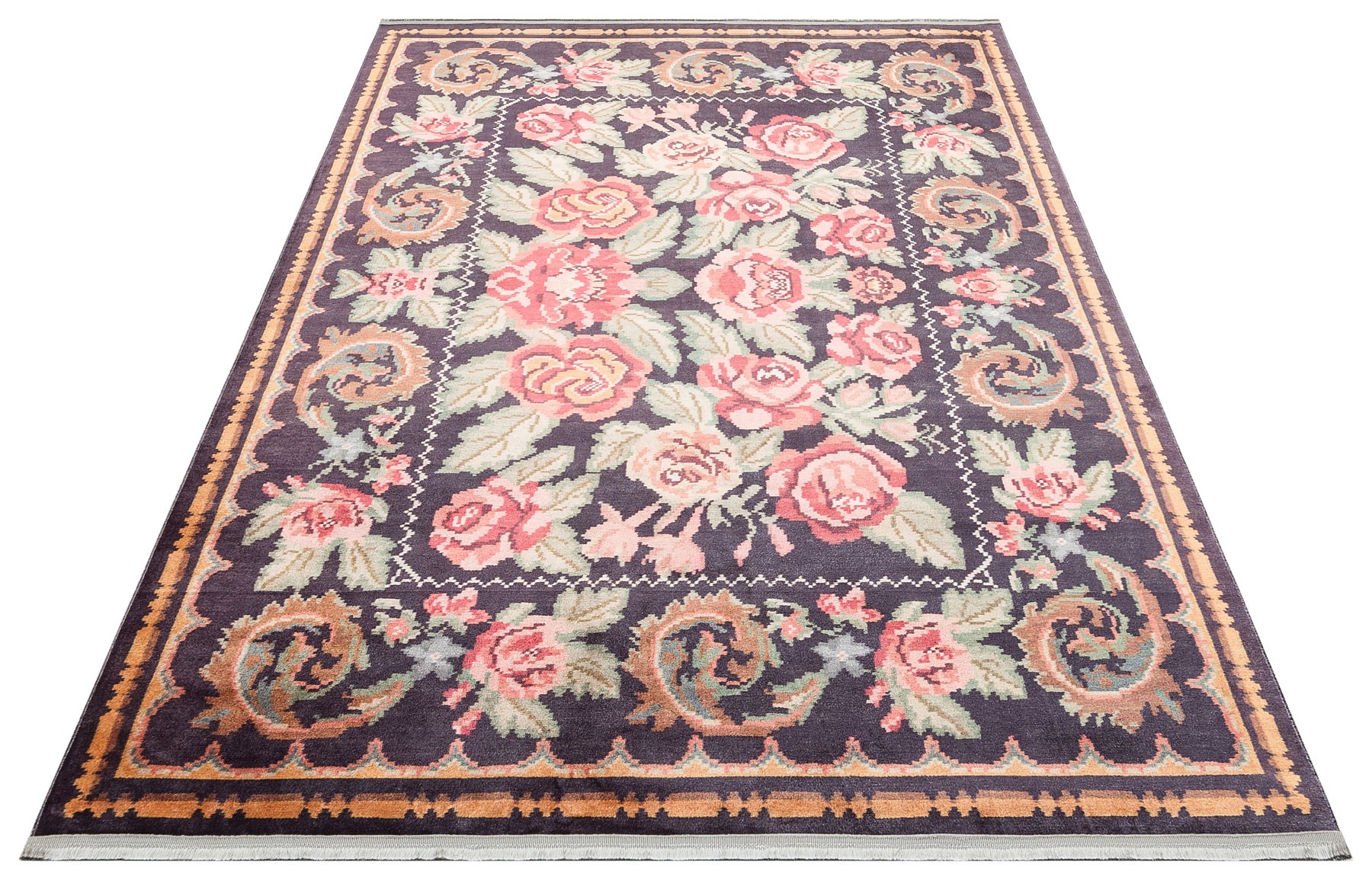 ANTIQUE  Kolay kullanımlı Kaymaz Karabağ ve Antik Desenlere Sahip Yıkanabilir Makine Halısı - ATK 02 BLACK