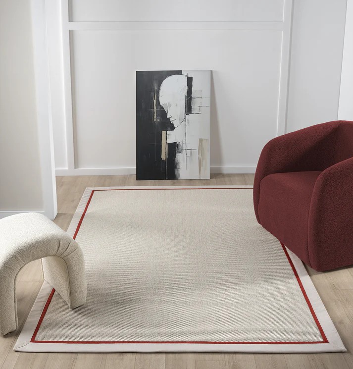 Kumaş Bordürlü Nature Sisal Halı - El Yapımı, Evcil Hayvan Dostu, Modern Tasarım - Krem-Kırmızı Bordür