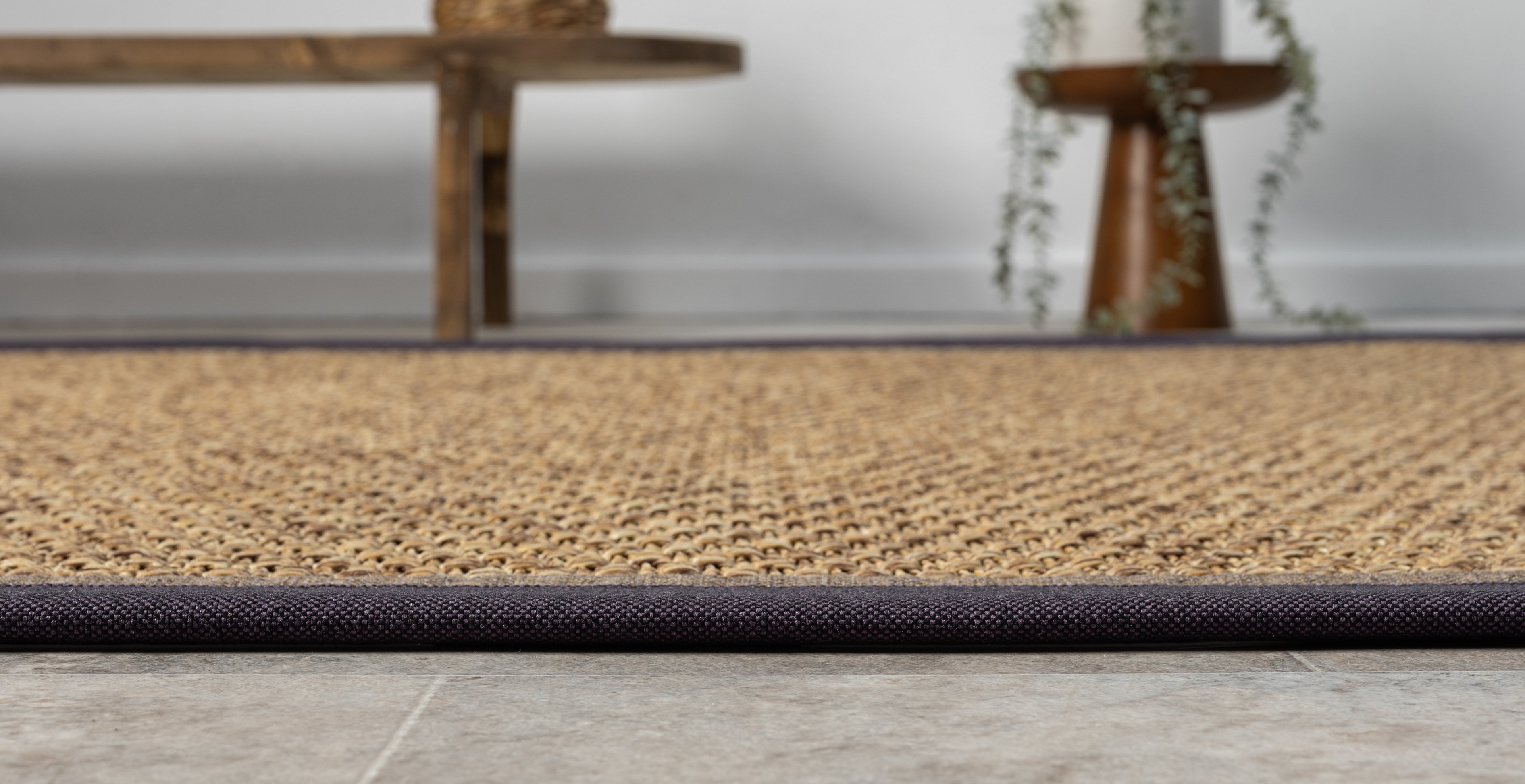 Kumaş Bordürlü Nature Sisal Halı - El Yapımı, Evcil Hayvan Dostu, Modern Tasarım - Mor-Kahverengi Bordür