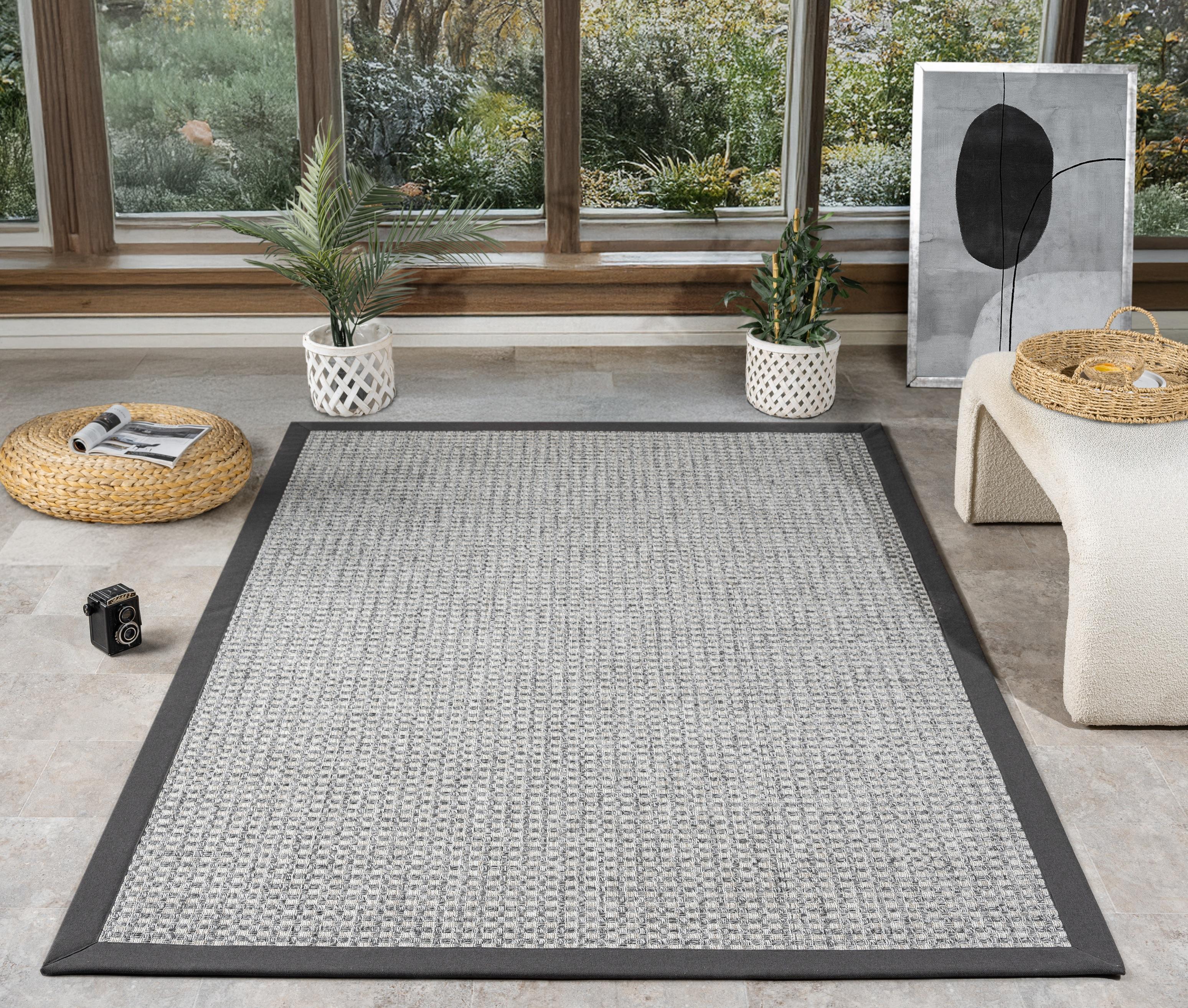 Kumaş Bordürlü Nature Sisal Halı - El Yapımı, Evcil Hayvan Dostu, Modern Tasarım - Antrasit Bordür