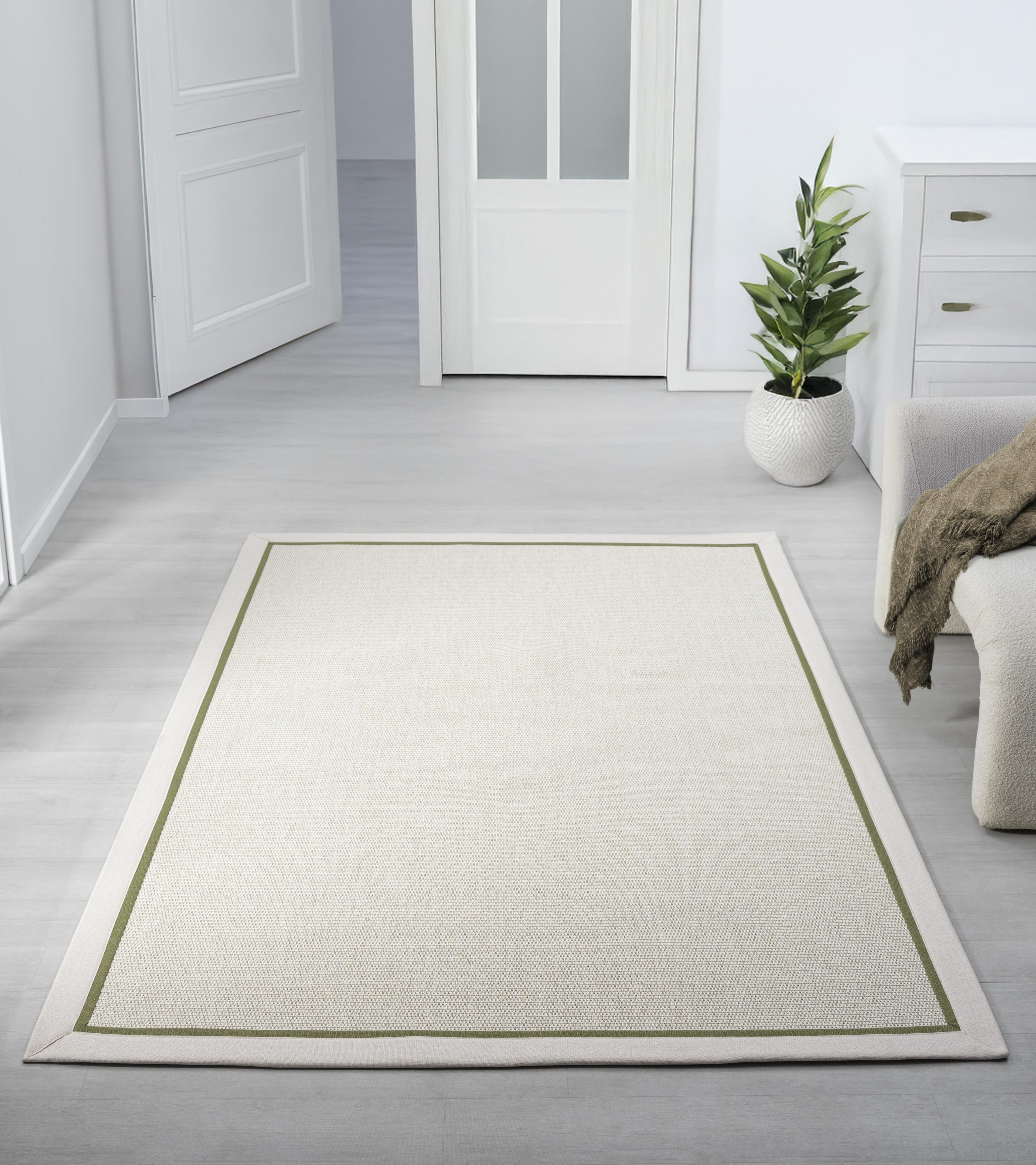 Kumaş Bordürlü Nature Sisal Halı - El Yapımı, Evcil Hayvan Dostu, Modern Tasarım - Krem-Yeşil Bordür