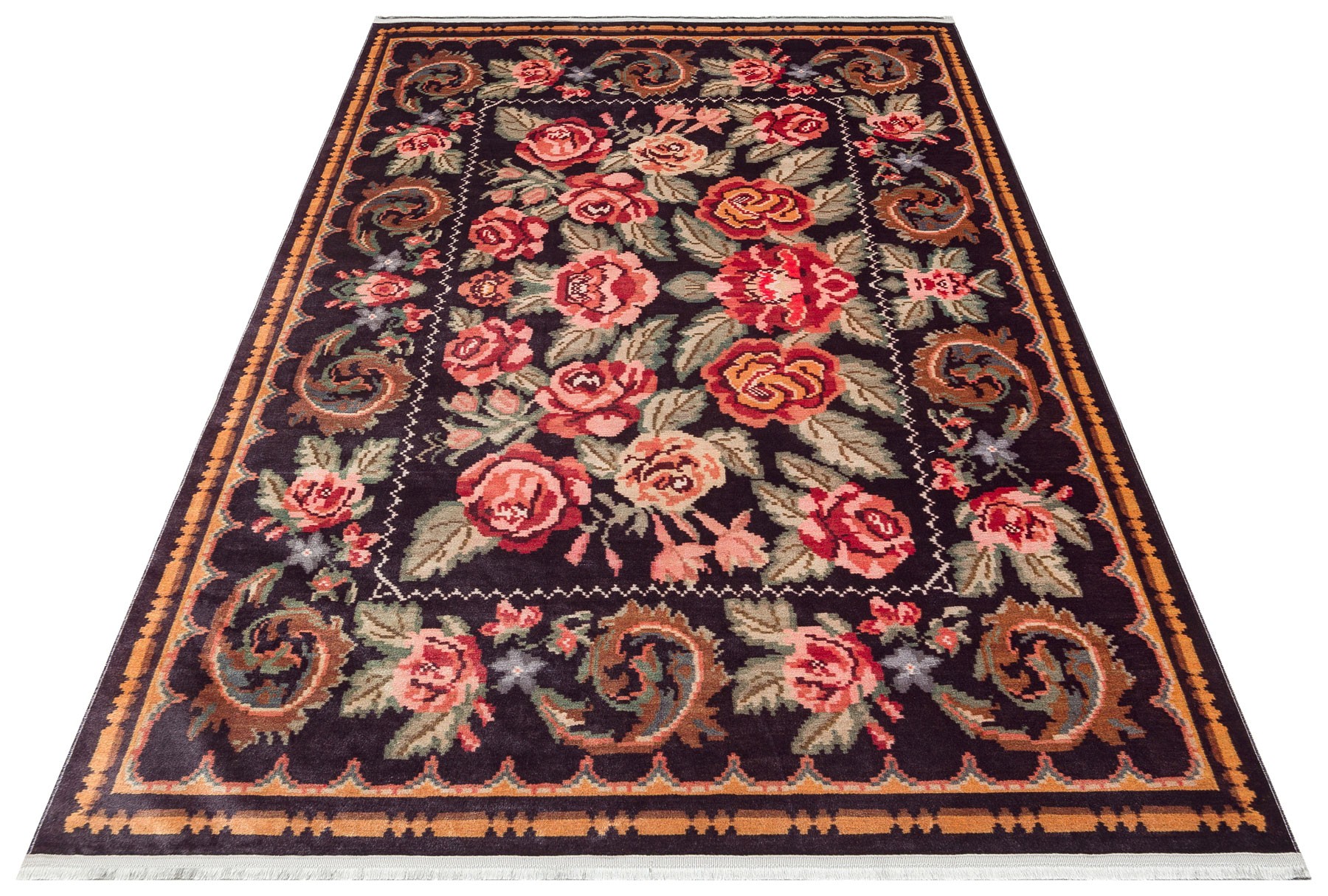 ANTIQUE  Kolay kullanımlı Kaymaz Karabağ ve Antik Desenlere Sahip Yıkanabilir Makine Halısı - ATK 02 BLACK