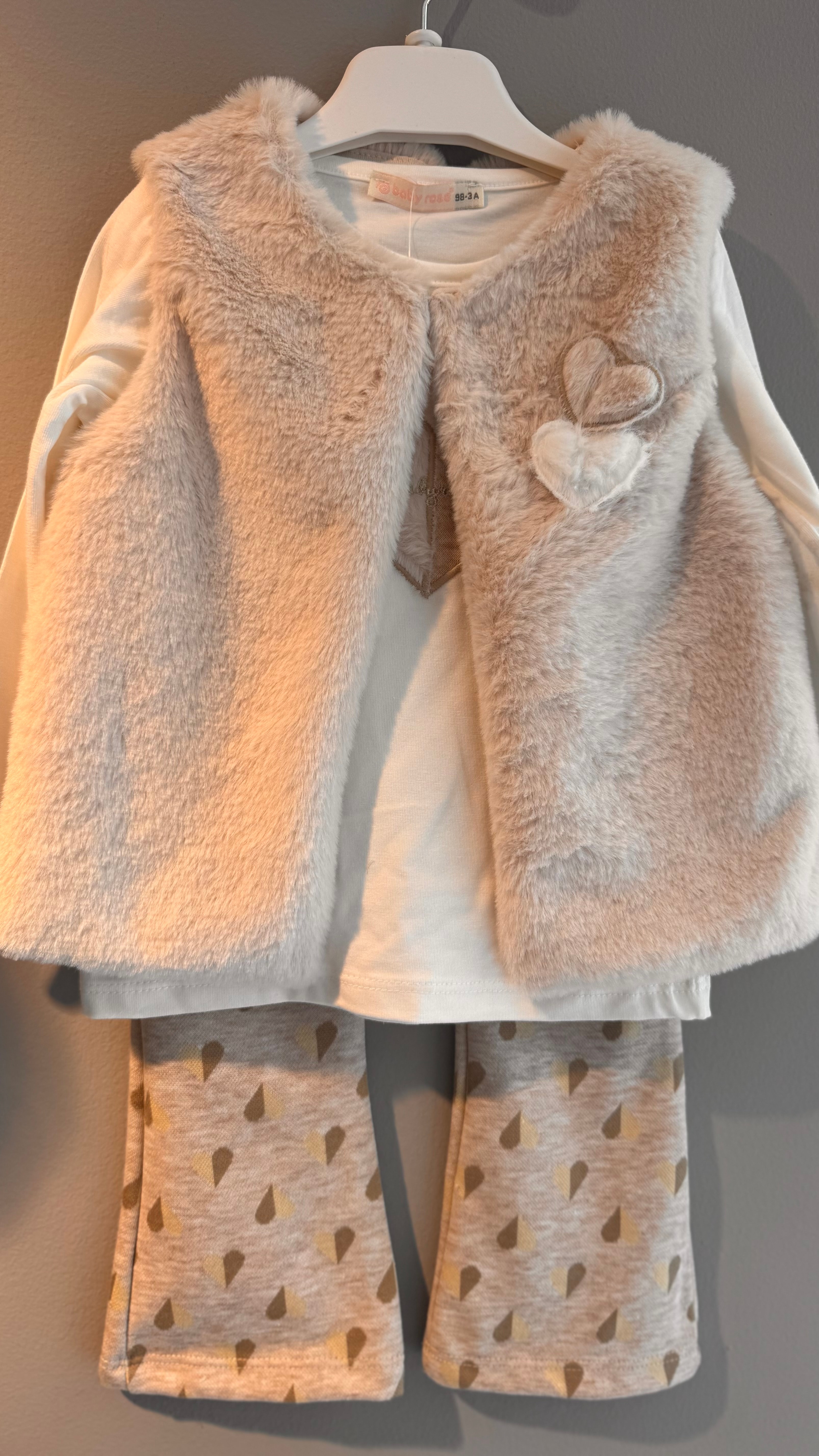 Peluş Yelekli Pamuklu Bej Renk 3'lü Kız Takım