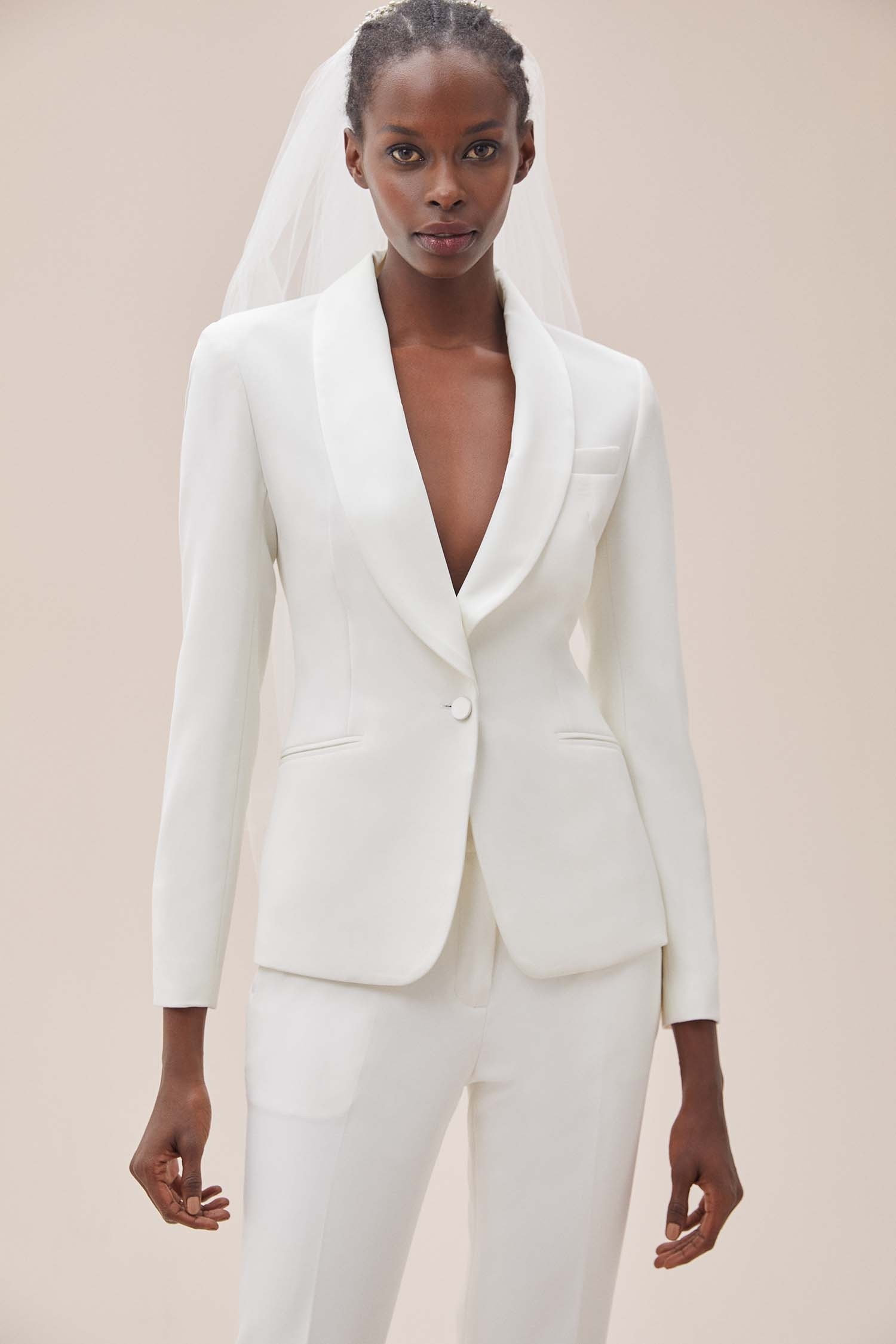 Beyaz Dar Kesim Krep Takım Elbise Gelinlik Ceketi