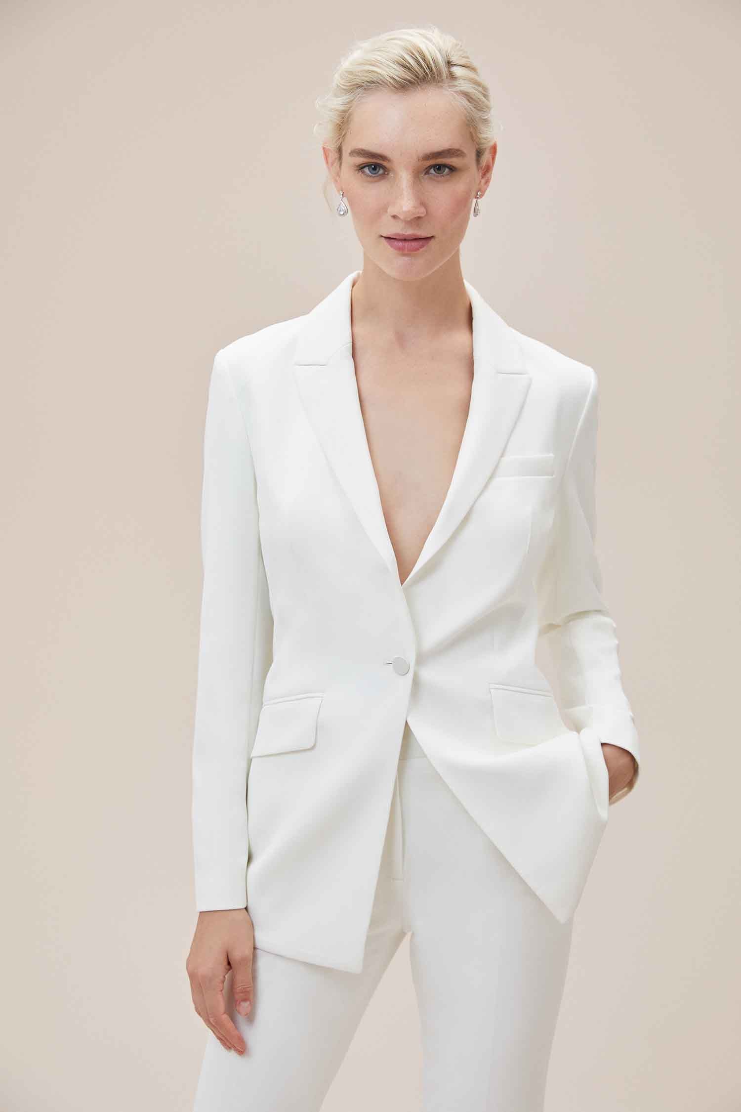 Beyaz Bol Kesim Krep Takım Elbise Gelinlik Ceketi