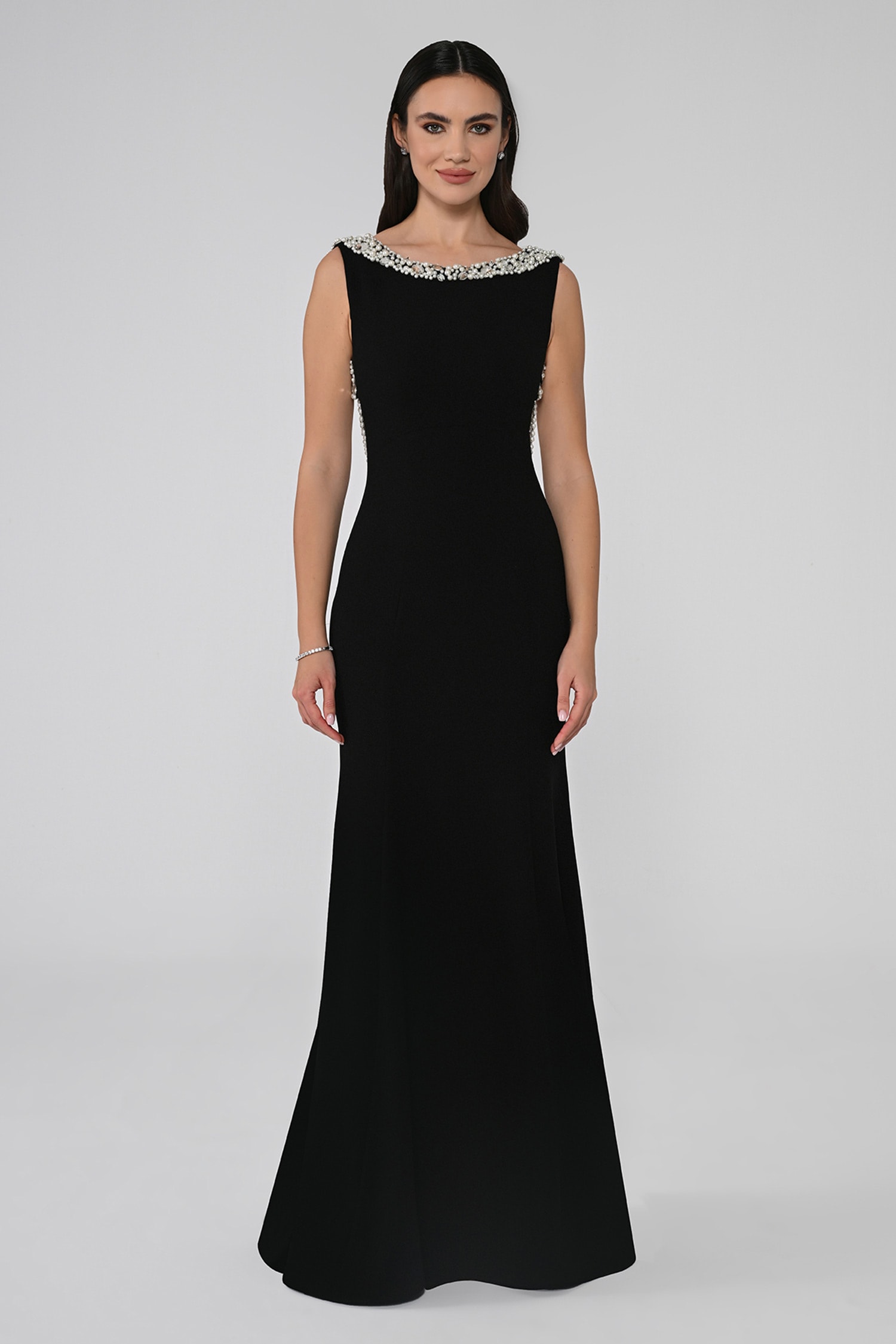 Siyah Kayık Yaka Jersey Kumaş Abiye Elbise MA-B6756-001