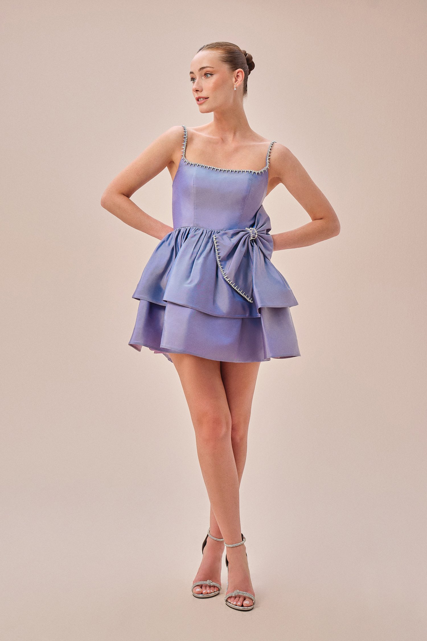 Lila İnce Askılı Saten Kumaş Mini Abiye Elbise MA-B6572-001
