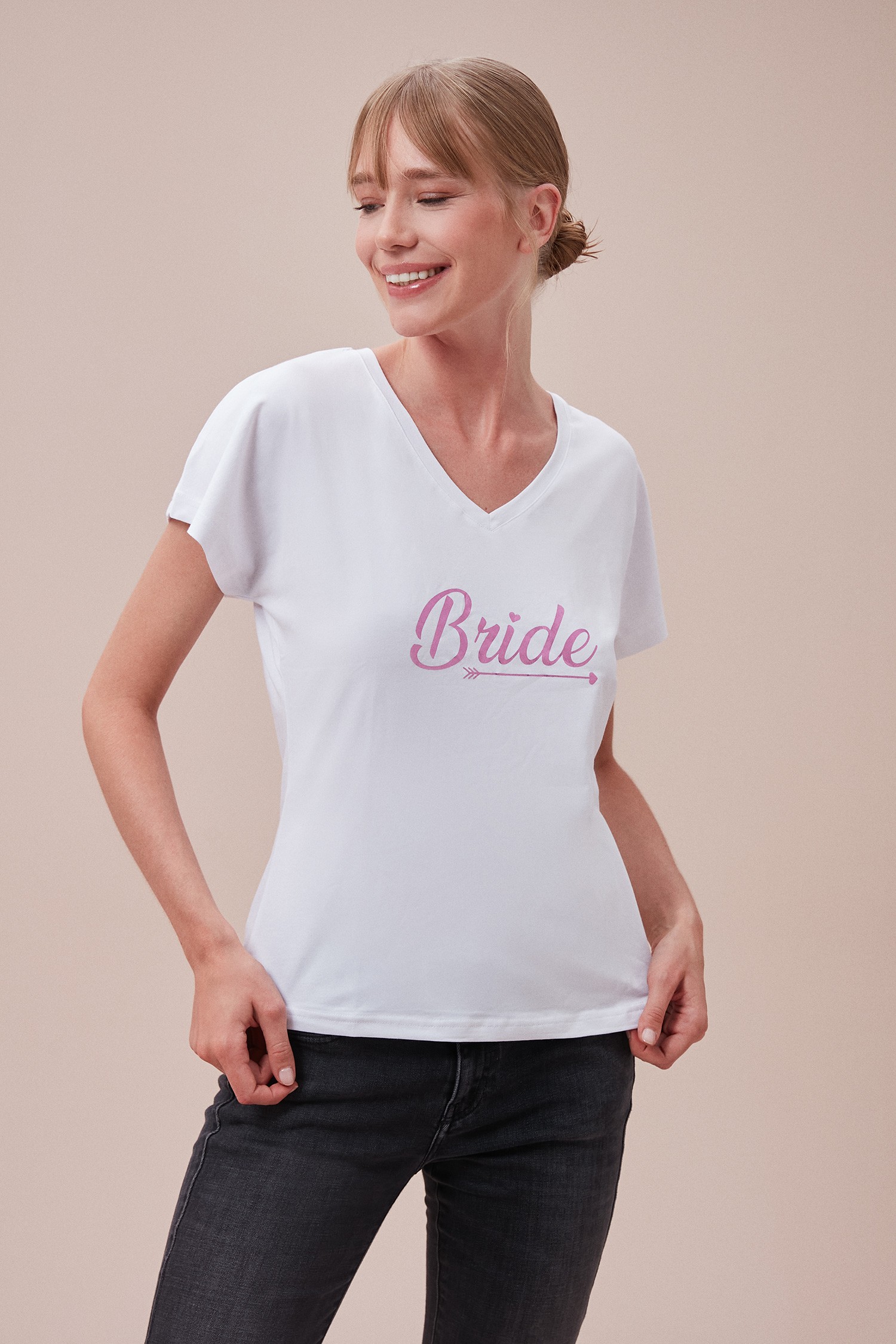 Pembe Bride Yazılı Kısa Kollu Baskılı T-Shirt