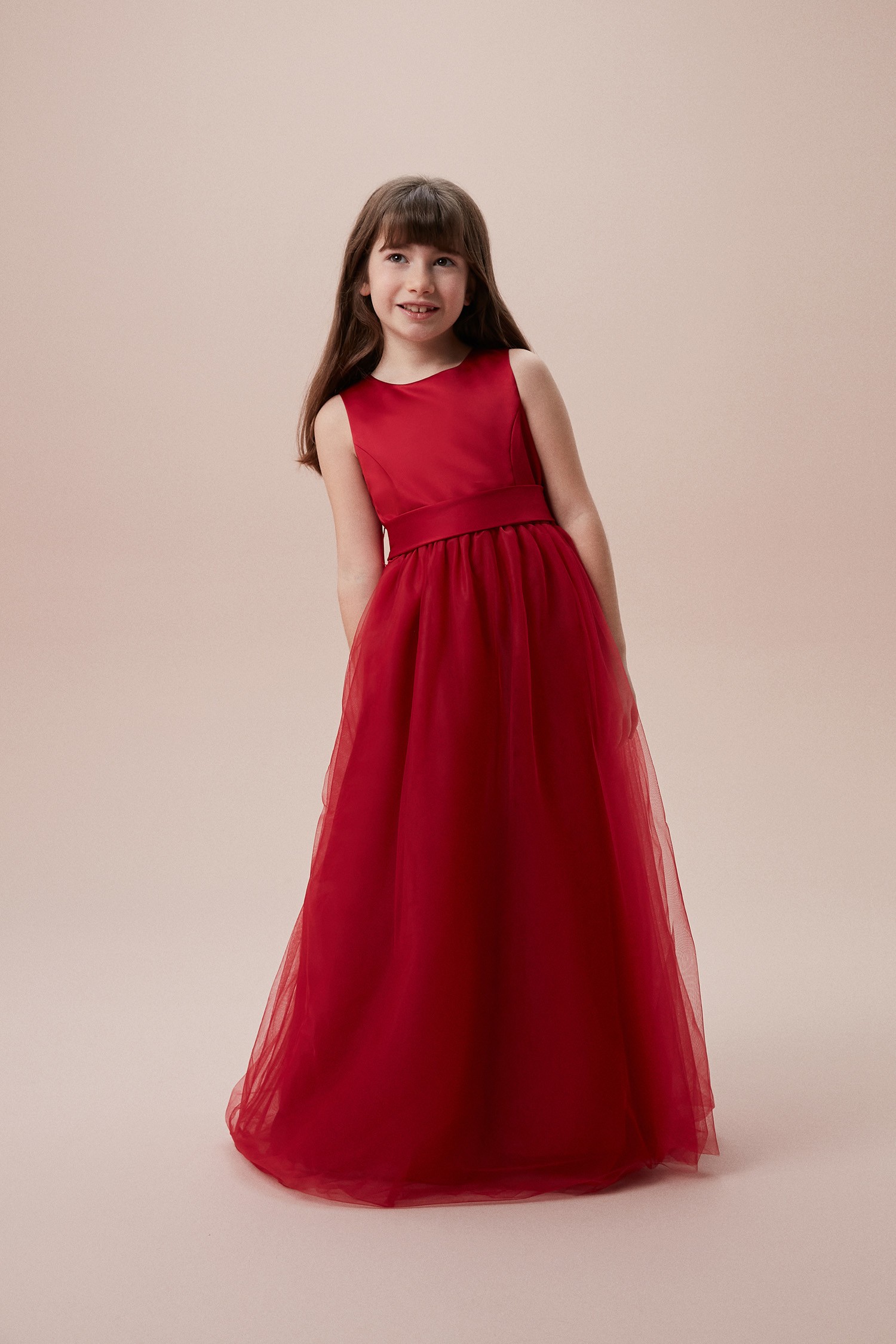Kırmızı Kayık Yaka Uzun Çocuk Elbisesi