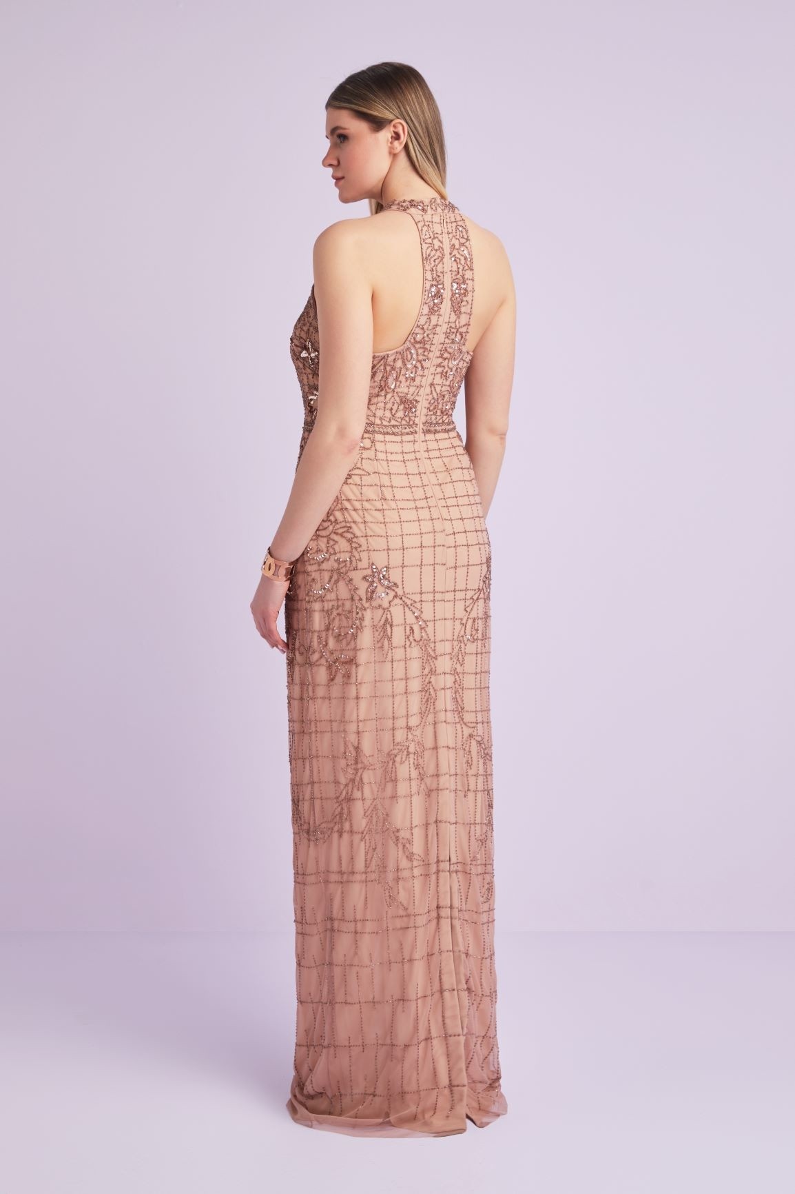 Rose Gold Halter Yaka Payetli Uzun Büyük Beden Abiye