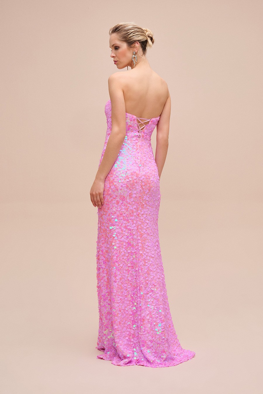 Pembe Straplez Payet İşlemeli Uzun Abiye Elbise 4XLD24WBM4417