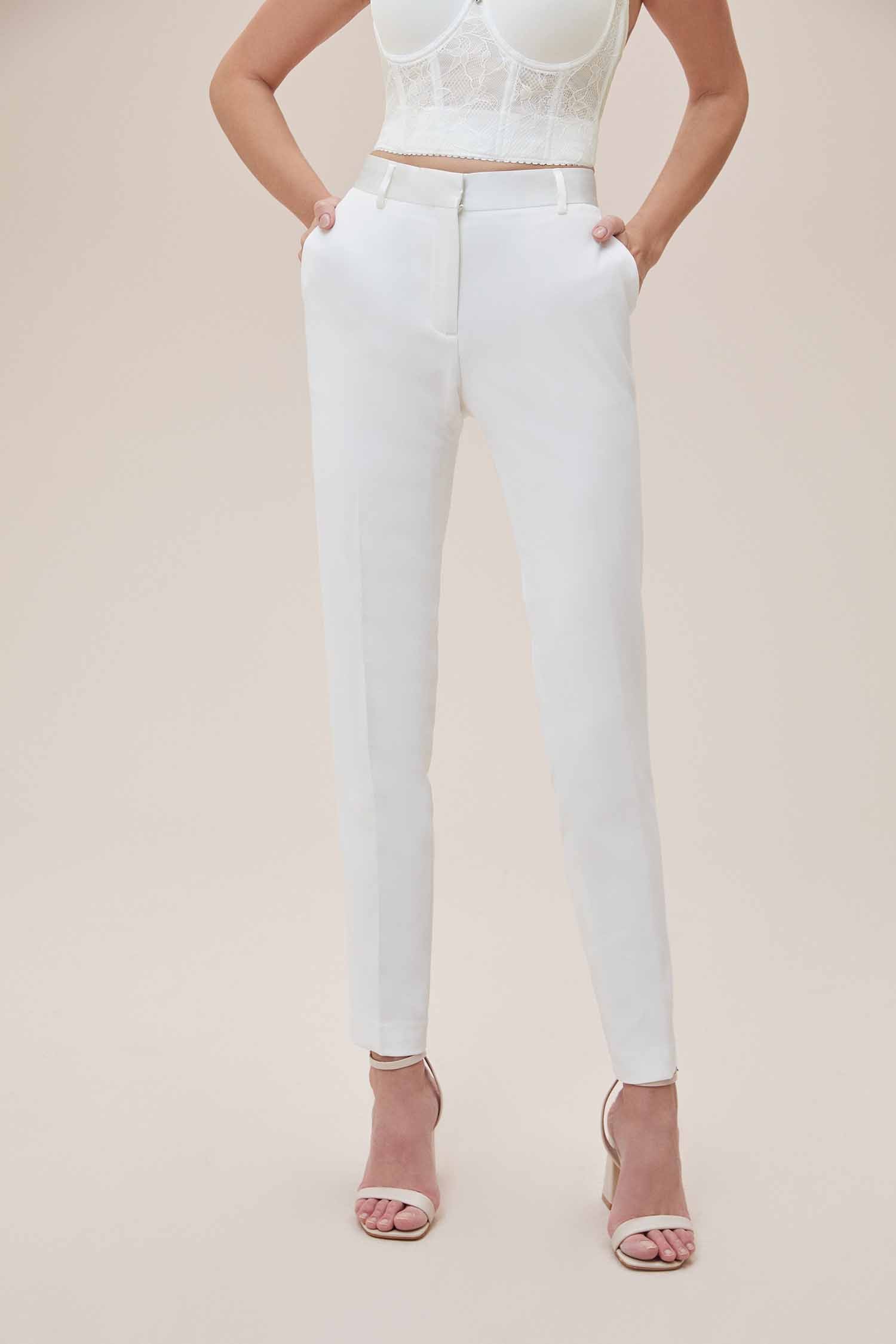 Beyaz Dar Kesim Takım Elbise Gelinlik Pantolonu