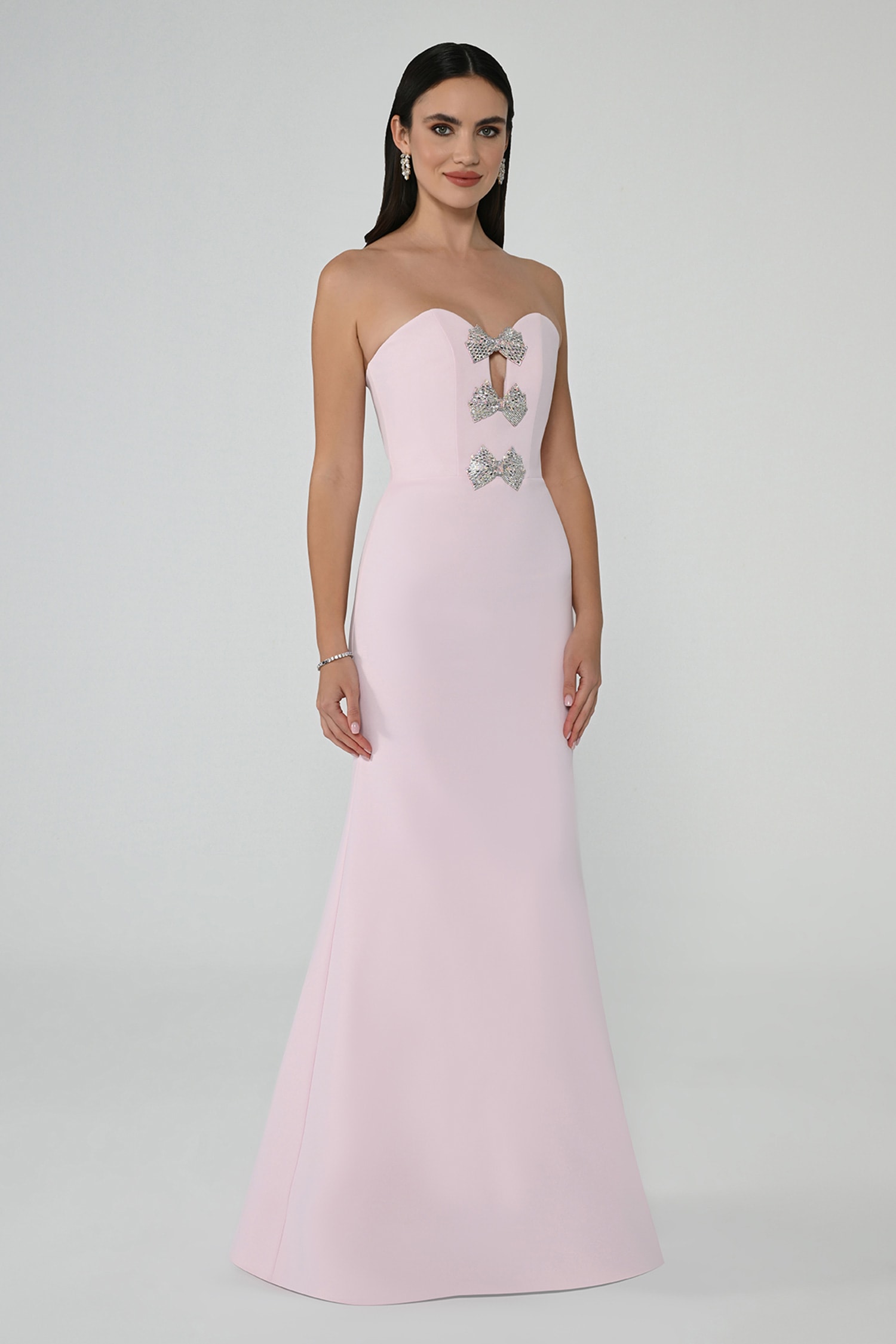 Pembe Straplez Jersey Kumaş Uzun Abiye Elbise MA-B6673-001