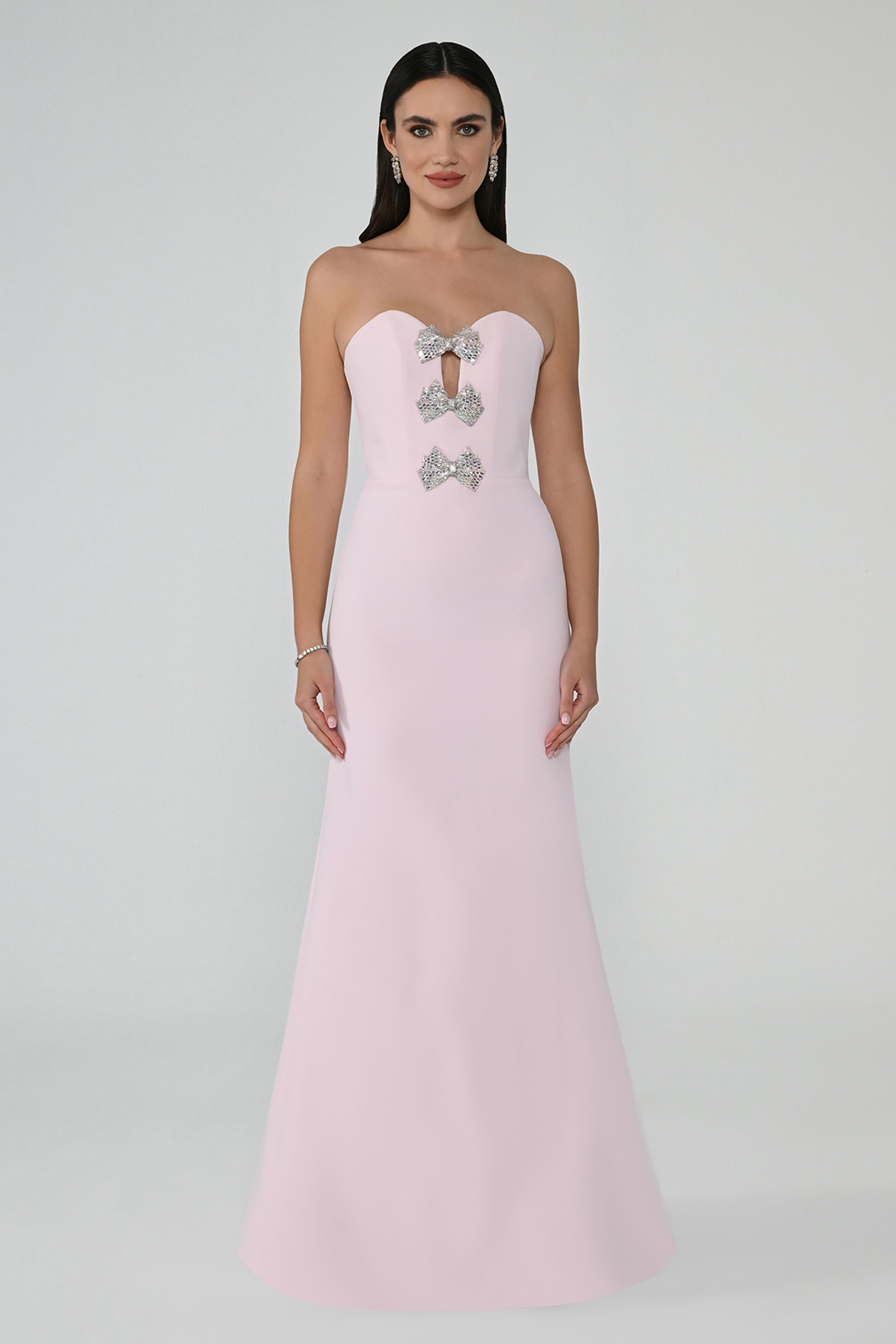 Pembe Straplez Jersey Kumaş Uzun Abiye Elbise MA-B6673-001