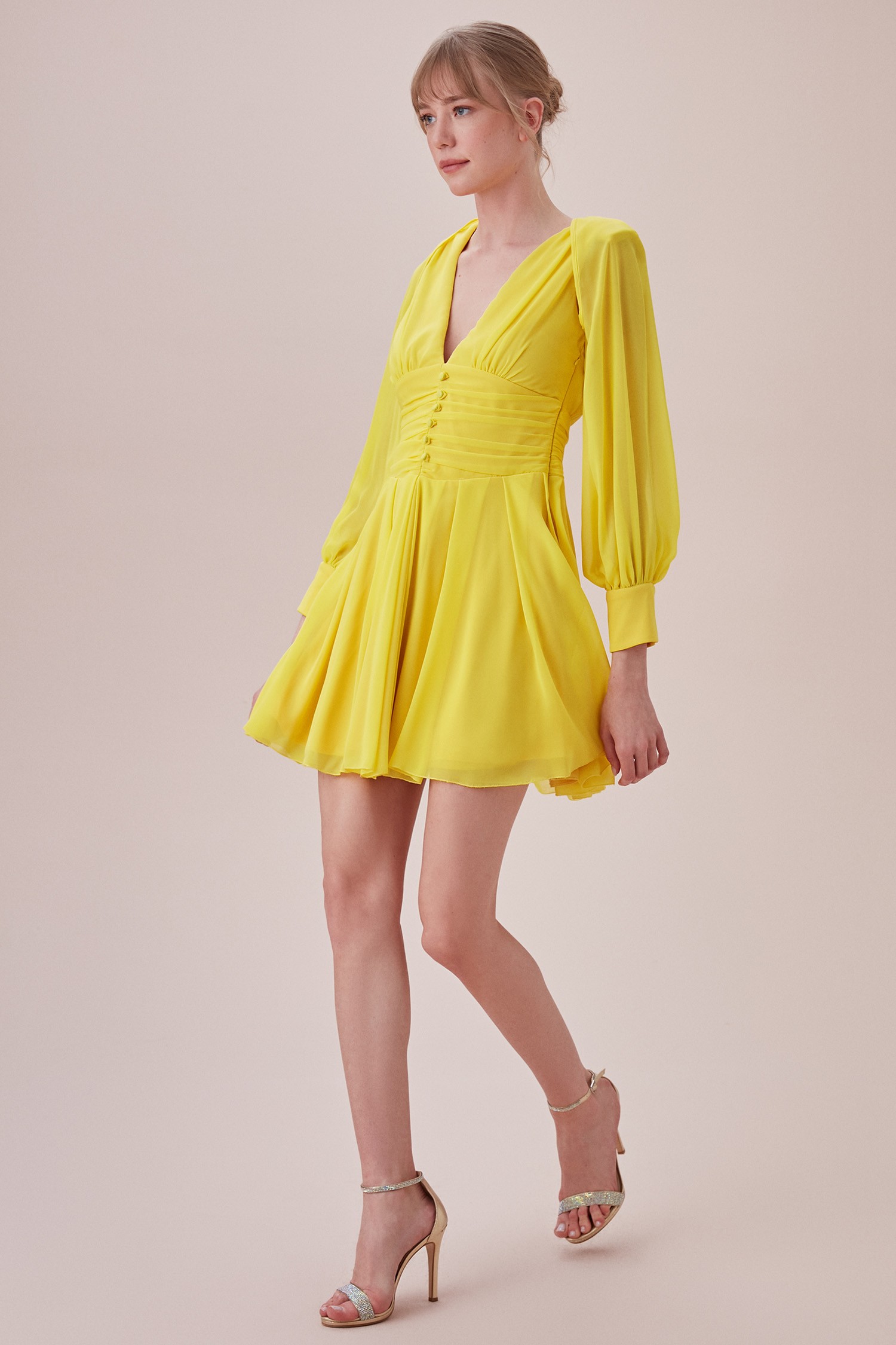 Sarı Uzun Kollu Derin V Yaka Şifon Mini Elbise