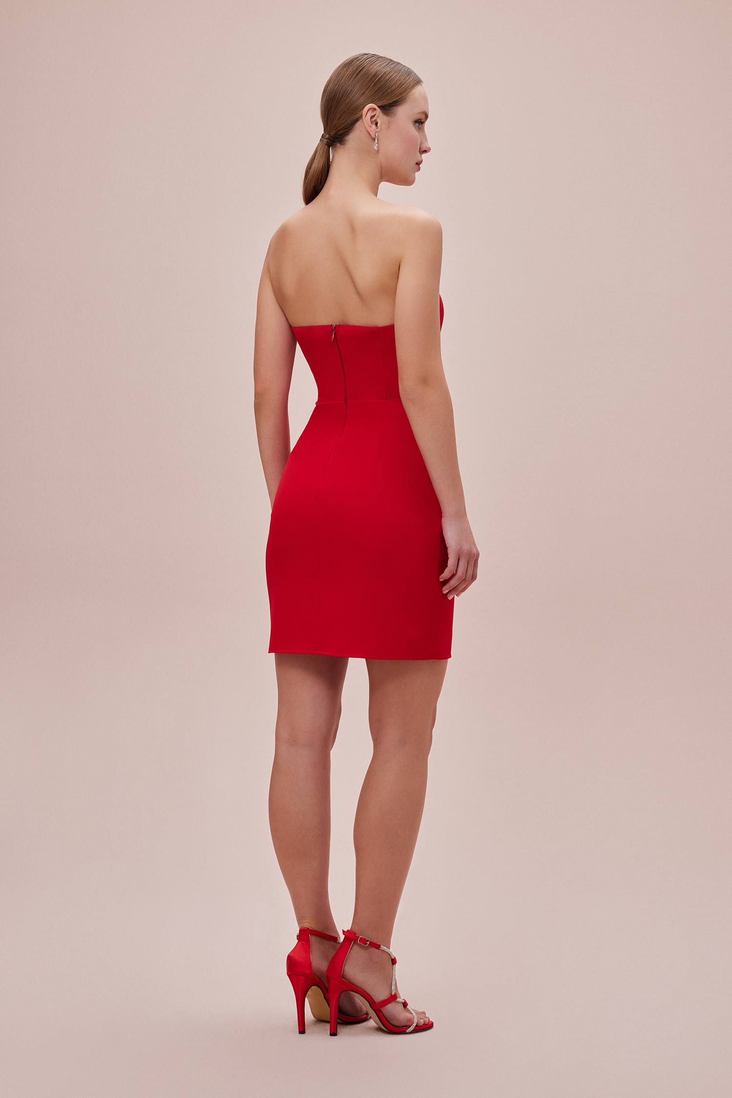 Kırmızı Straplez Mini Elbise