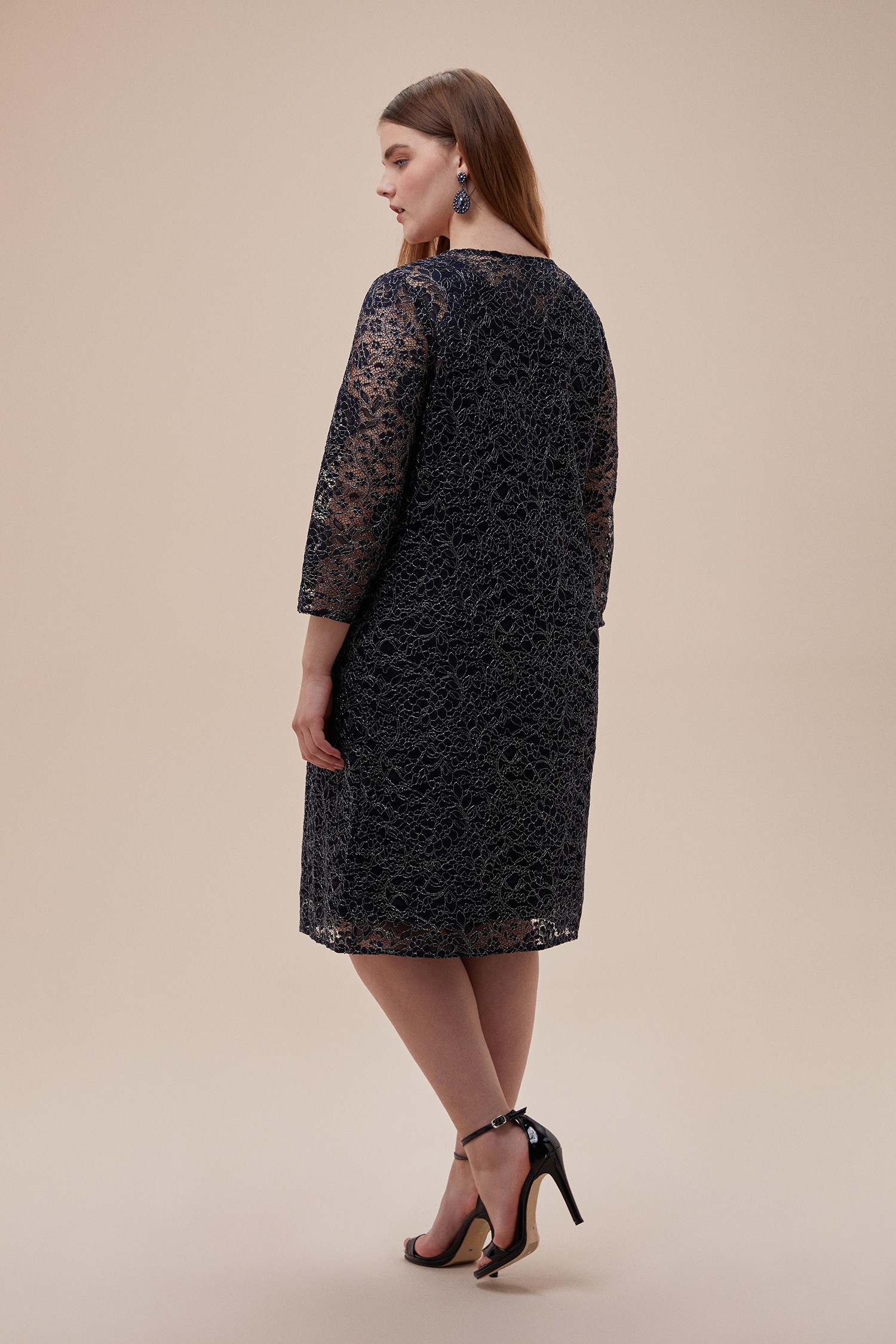 Lacivert Uzun Kollu Dantel İşlemeli Krepe Midi Elbise