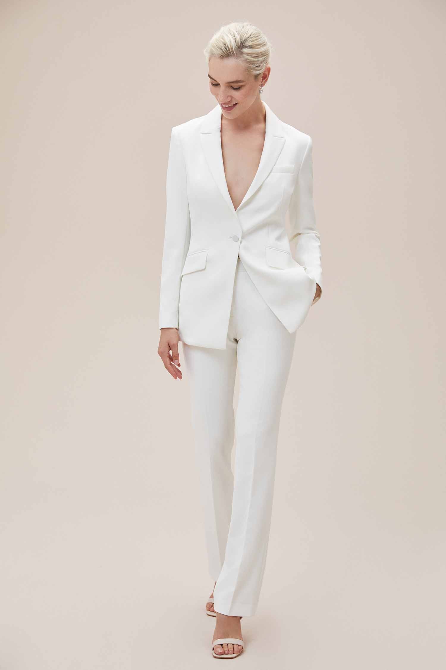 Beyaz Bol Kesim Krep Takım Elbise Gelinlik Ceketi